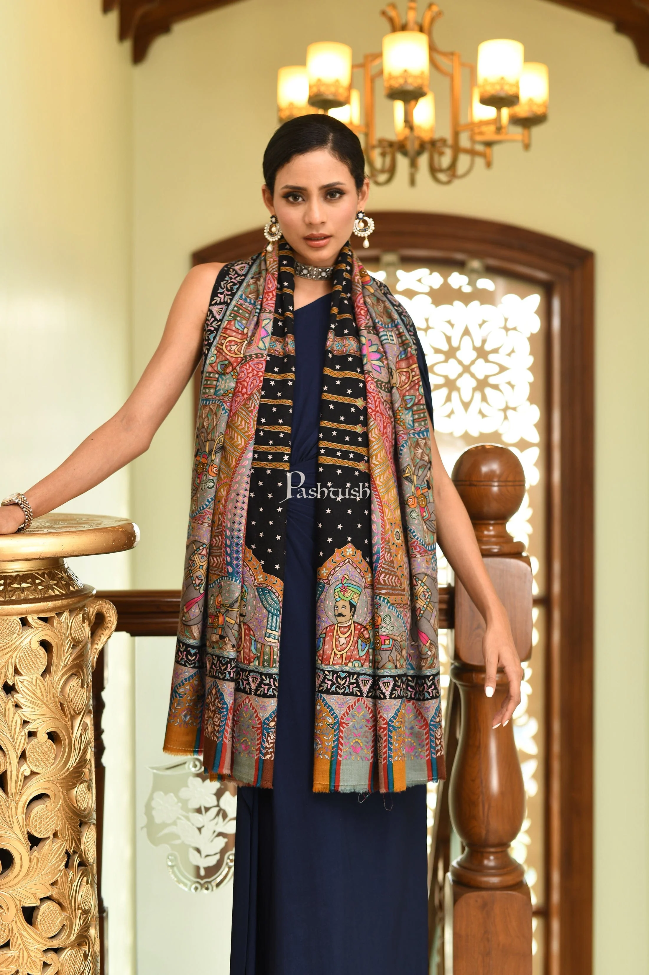 Pashtush Women Pashmina Hand Embroidered, Hand Painted, Royal Darbar Shawl - Image 5
