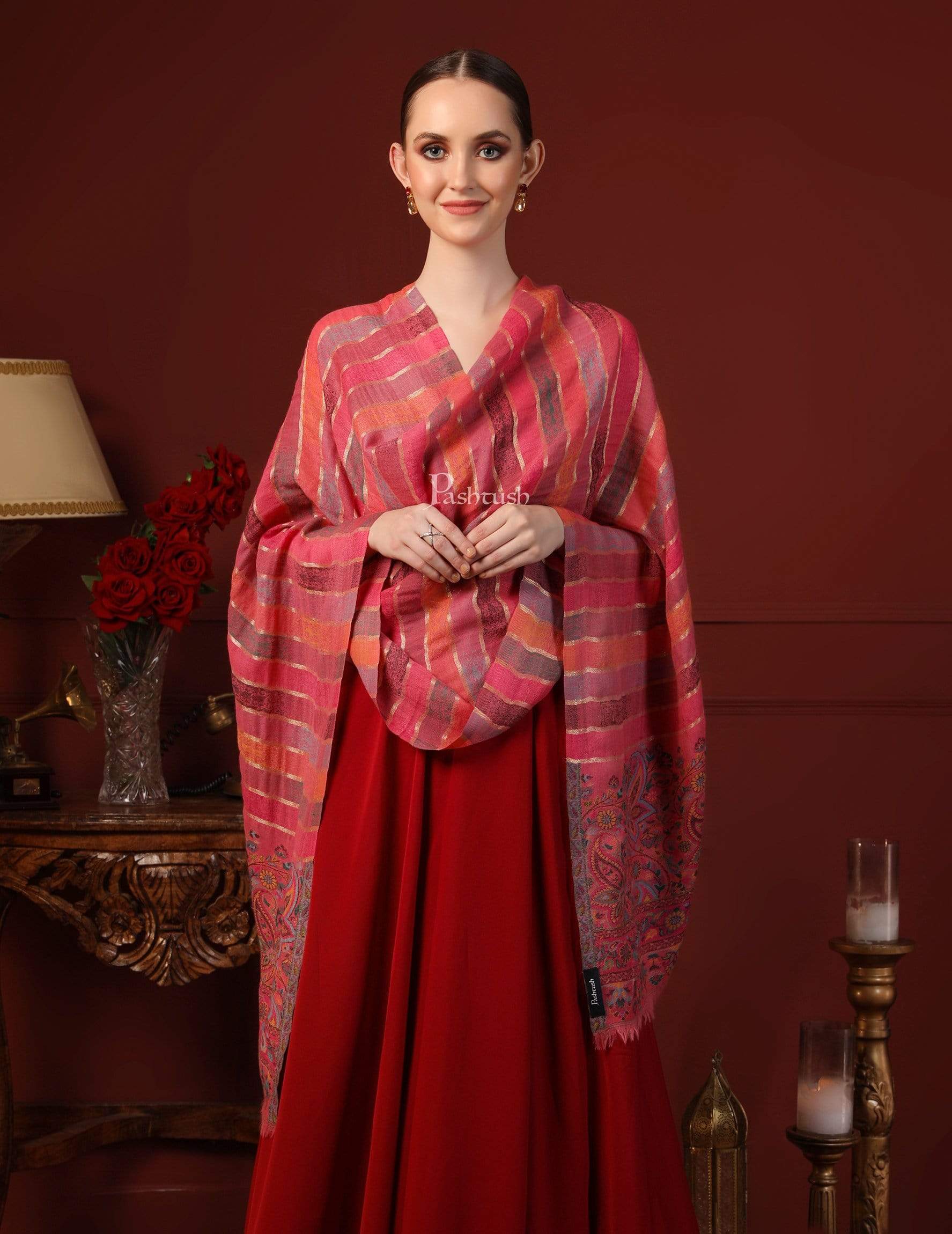 Pashtush Women Pink Pure Wool Striped Ethnic Stole - Image 4