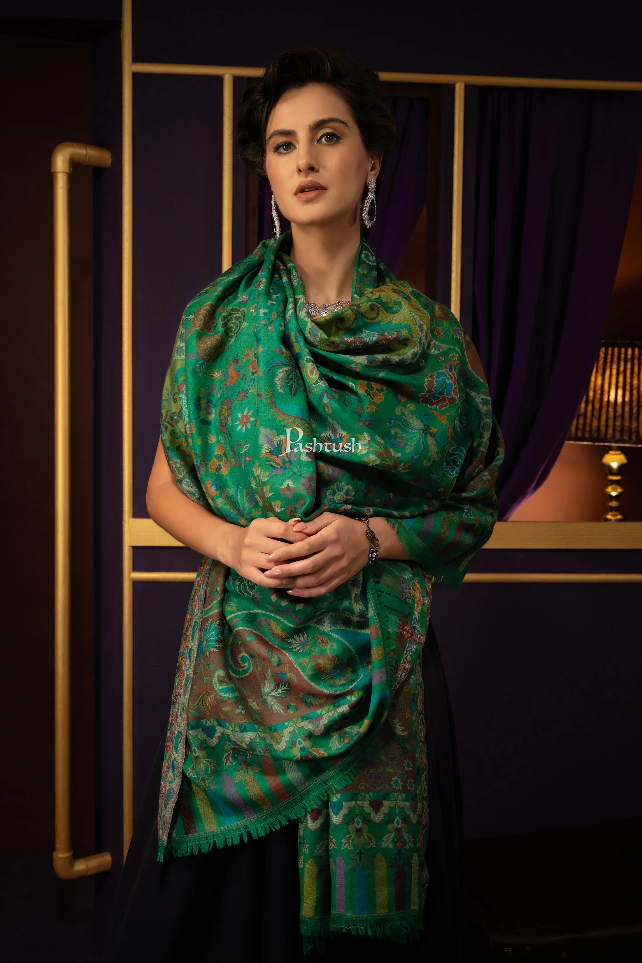 Pashtush women pure wool, woolmark certified shawl, ethnic weave design, Emerald Green - Image 4
