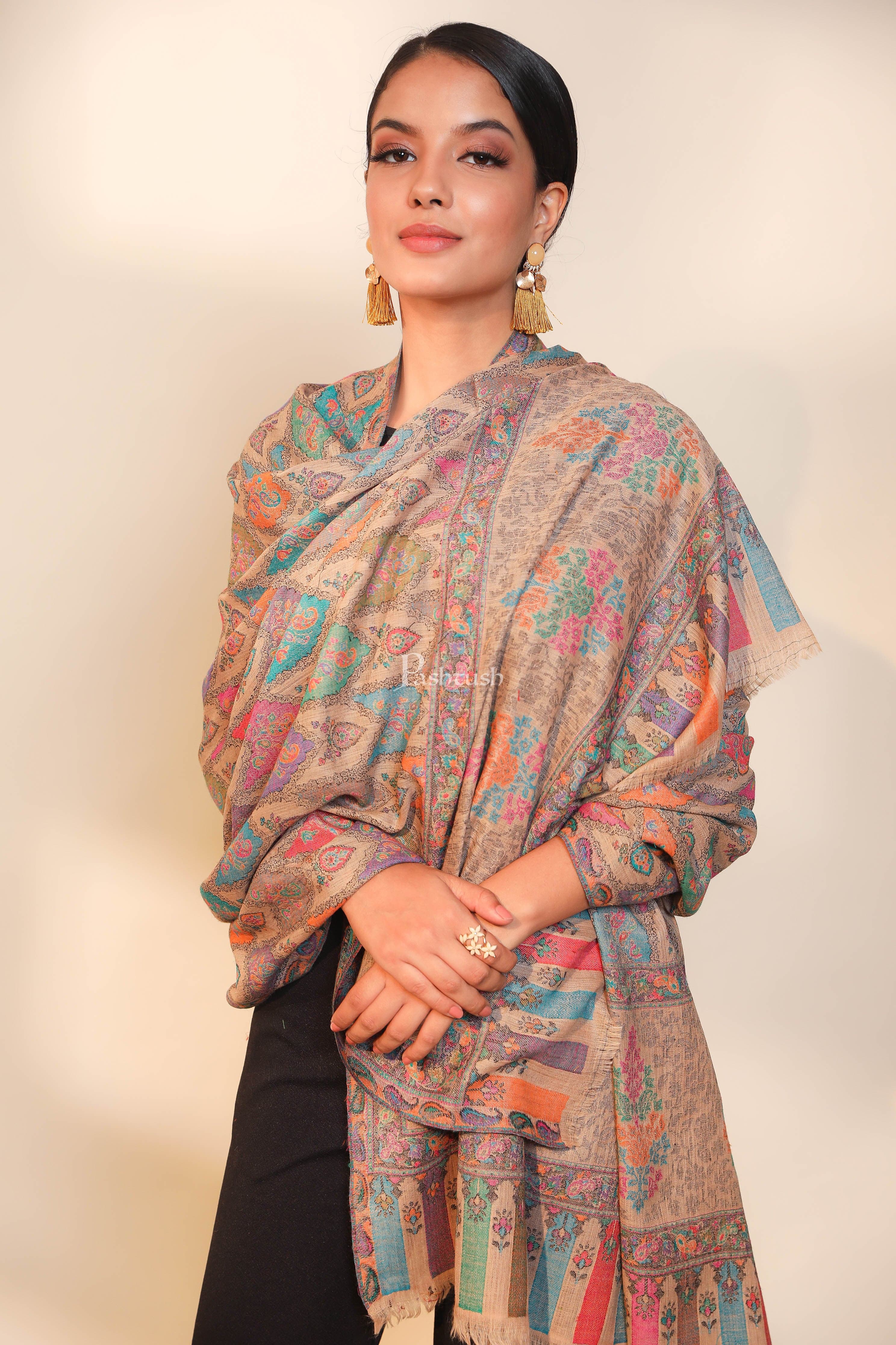 Pashtush women pure wool, woolmark certified shawl, ethnic weave design, multicolour - Image 4