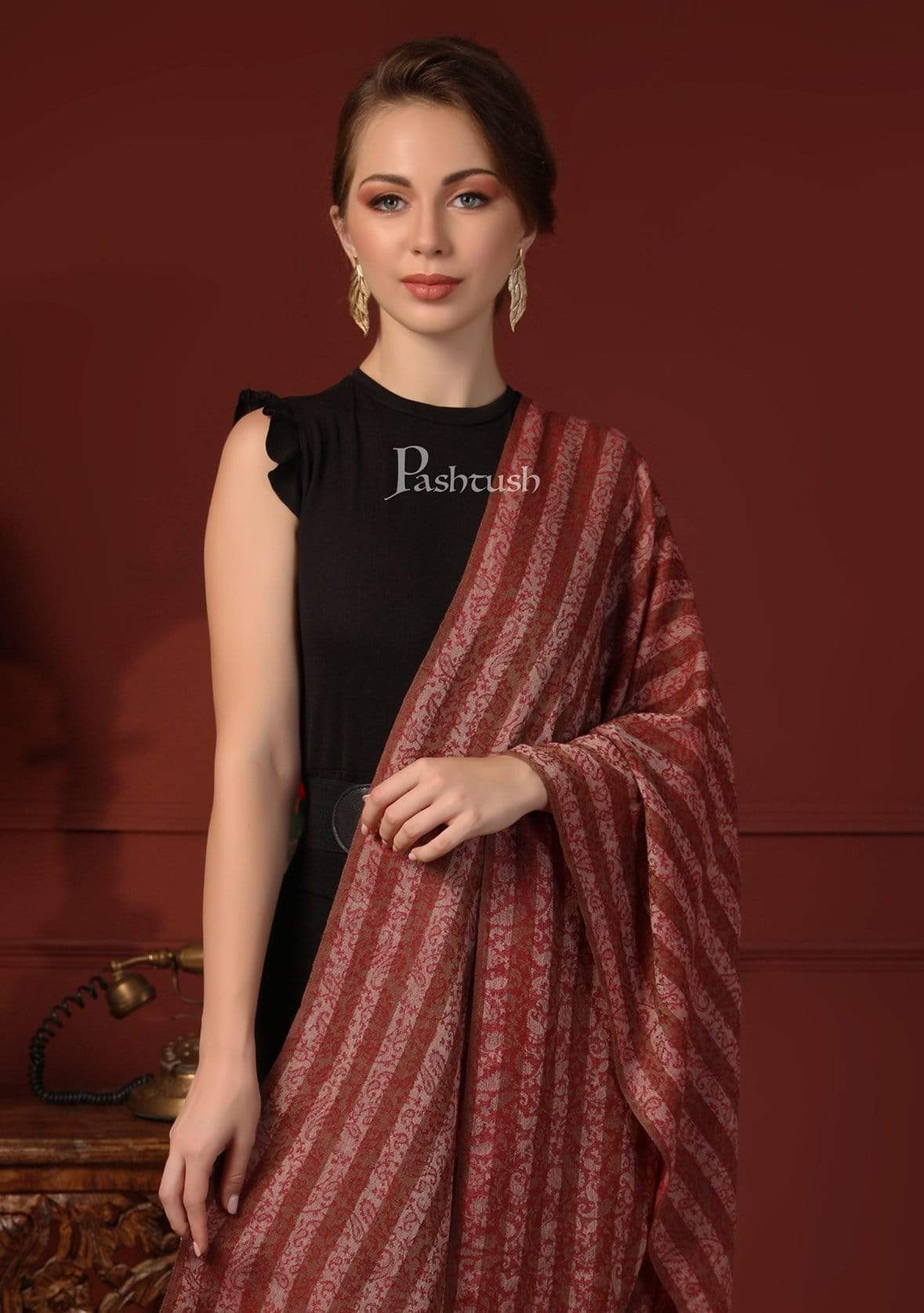 Pashtush Women Red Beige Striped Stole, Soft Fine Wool - Image 5