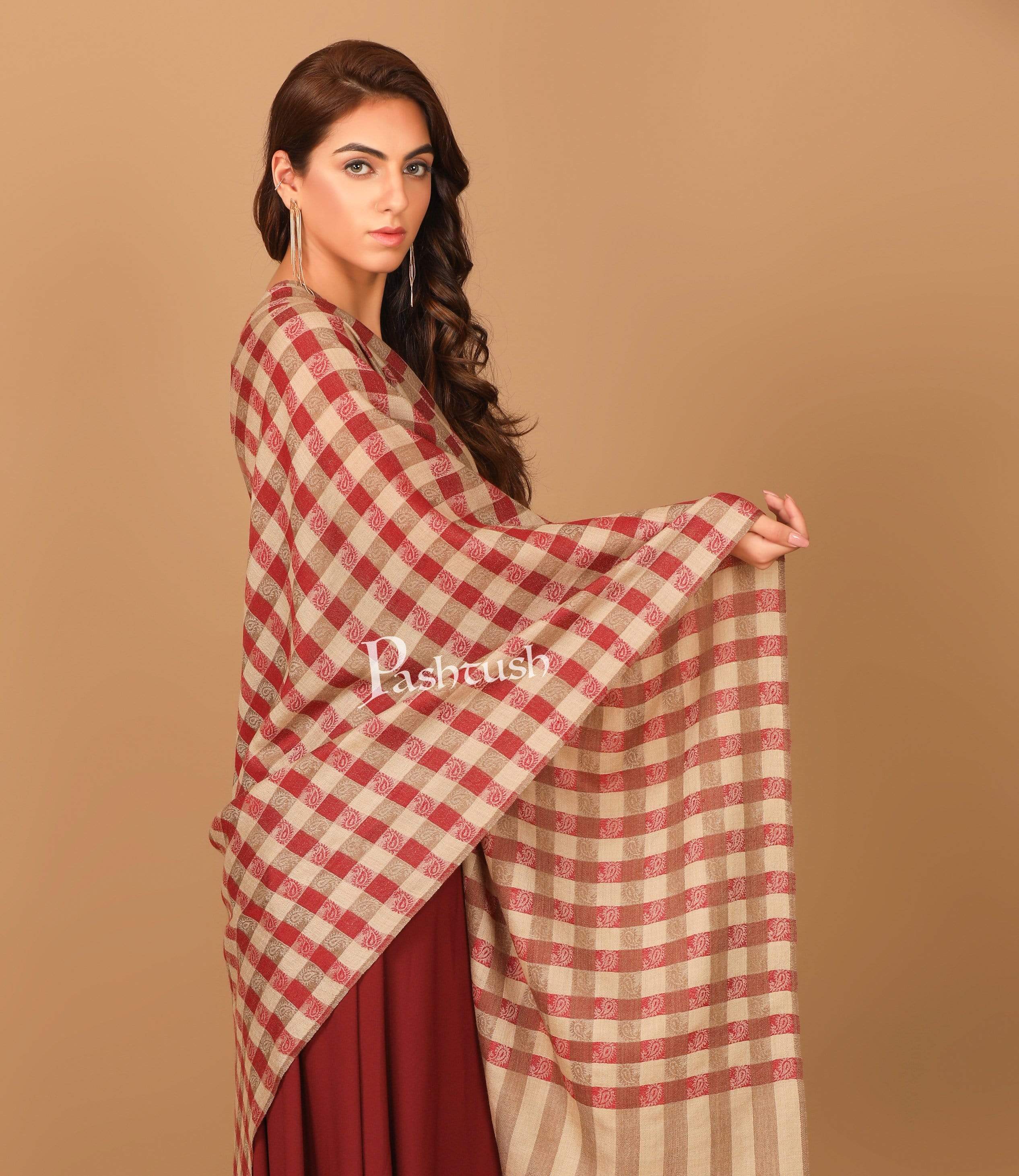 Pashtush Women’s Extra Fine Soft Wool Checkered Stole, Beige And Red - Image 5