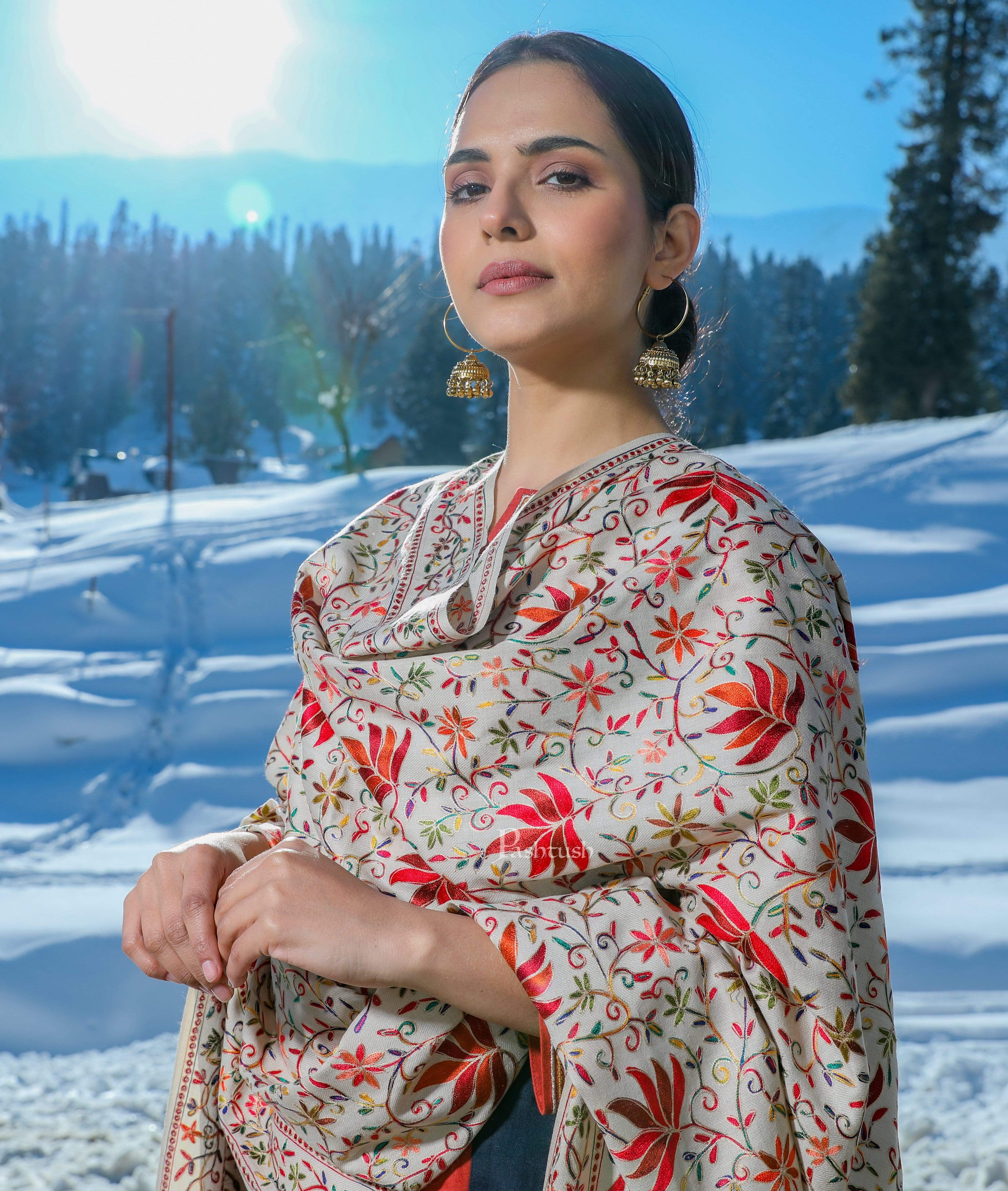 Pashtush Women’s Hand Embroidered Heavy Nalki Jaal Shawl In Pure Wool (Certified) Shawl - Image 3