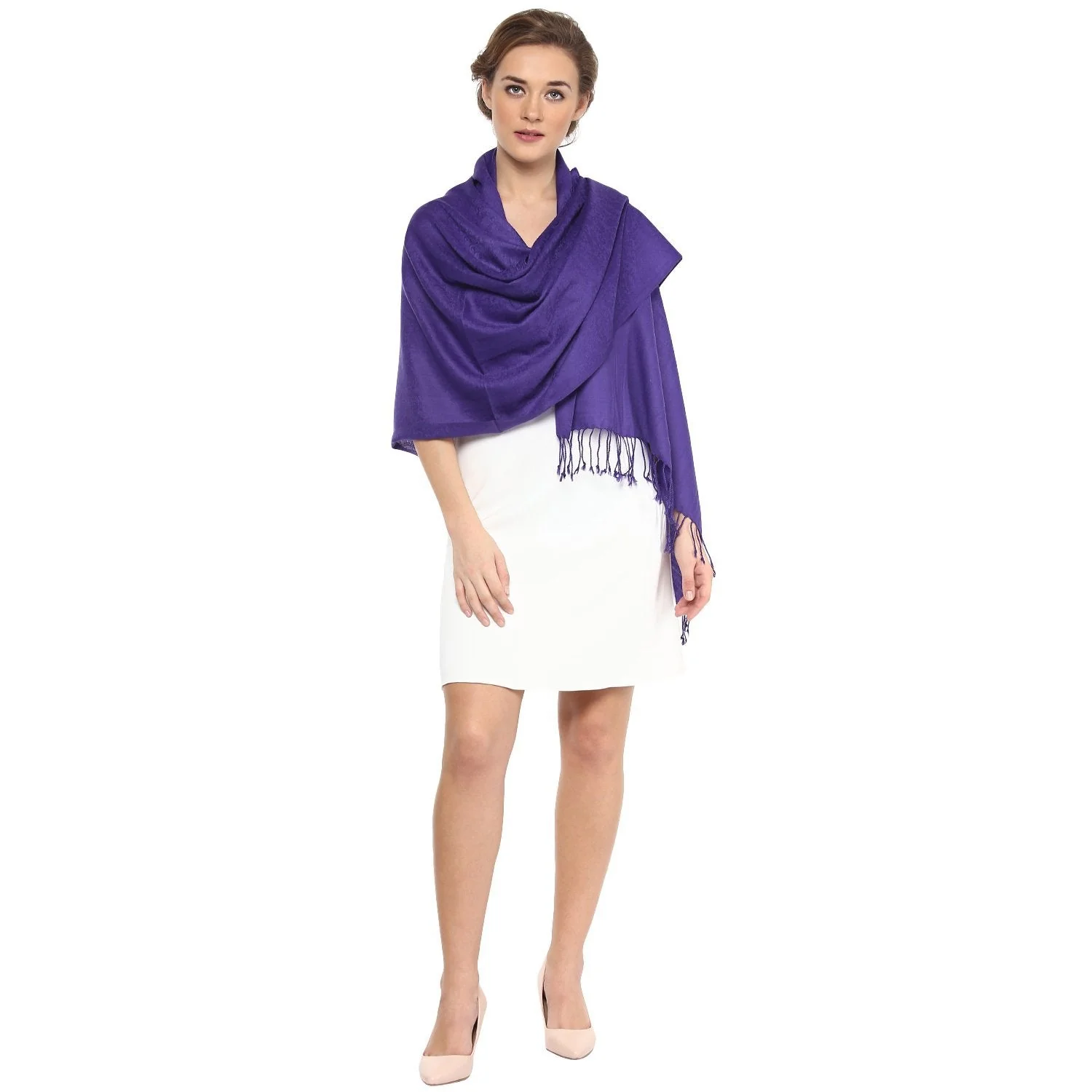 Pashtush Womens Stole, Fine Wool Scarf, Paisley Jacquard Weave, Purple - Image 4