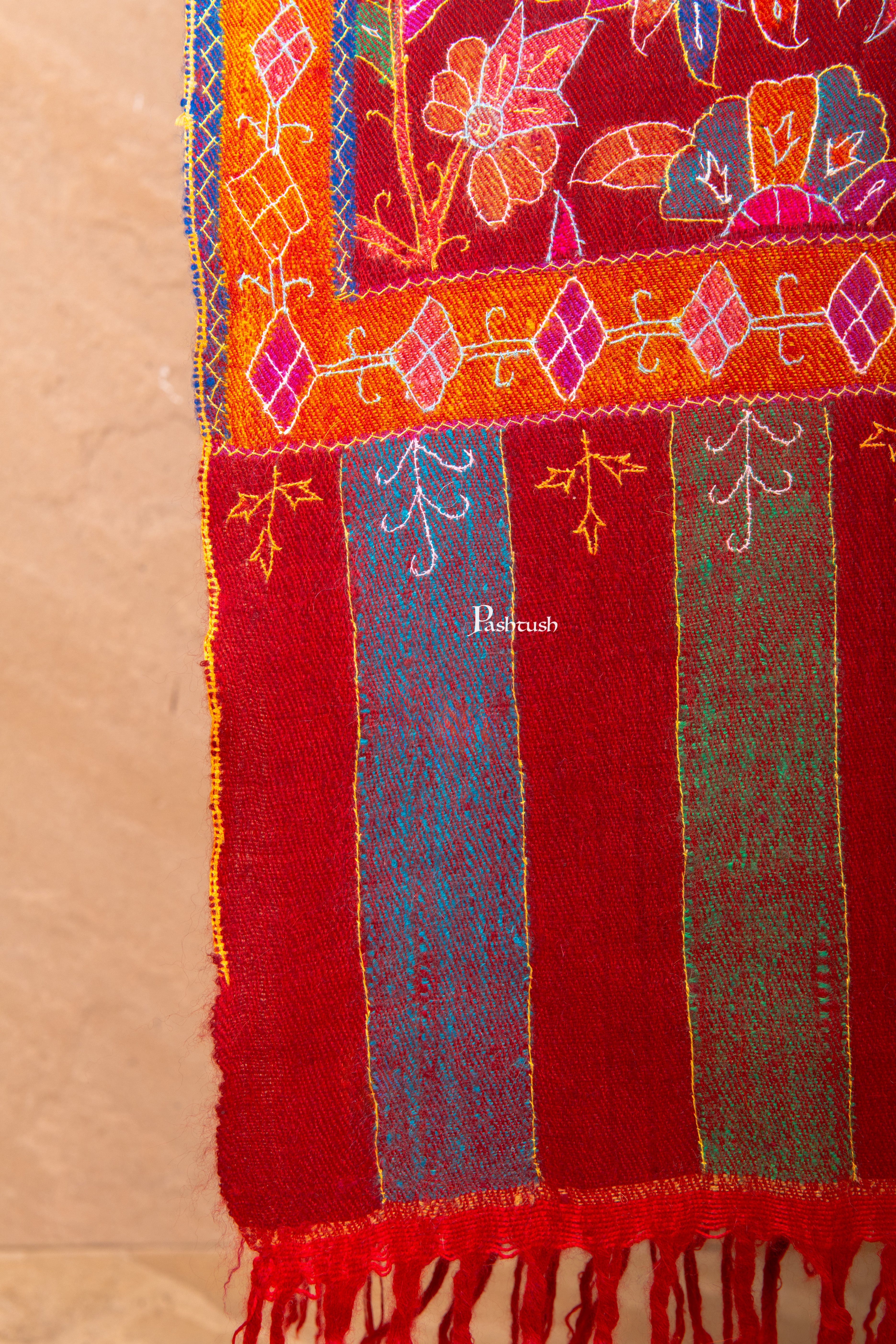 Pashtush Women’s Pure Pashmina Outline Kani Jamawar Shawl, Maroon Handwoven Kani with Delicate Outline Embroidery - Image 5