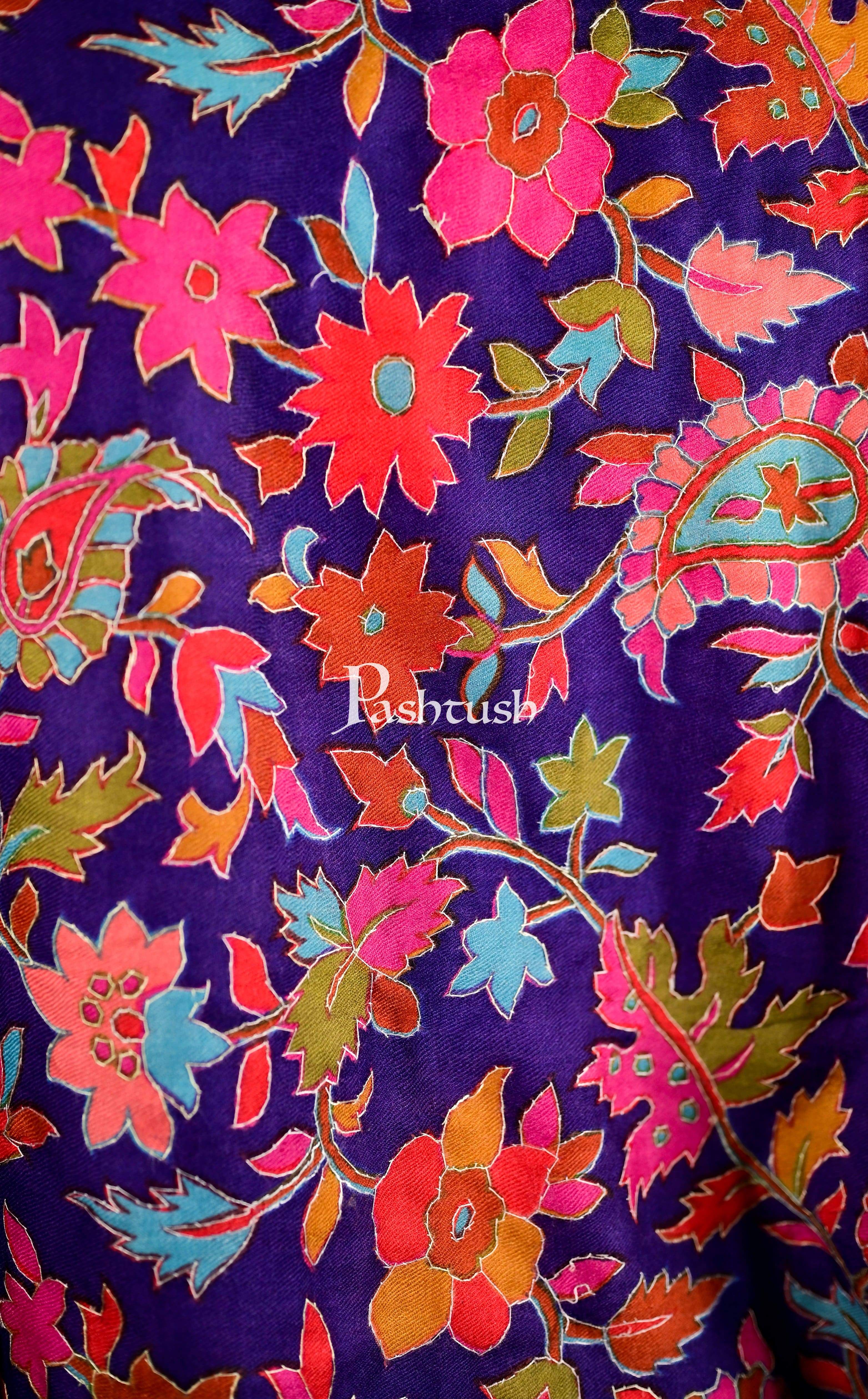 Pashtush Mens 100% Hand Embroidered Kalamkari Stole, Fine Wool, Blue - Image 2