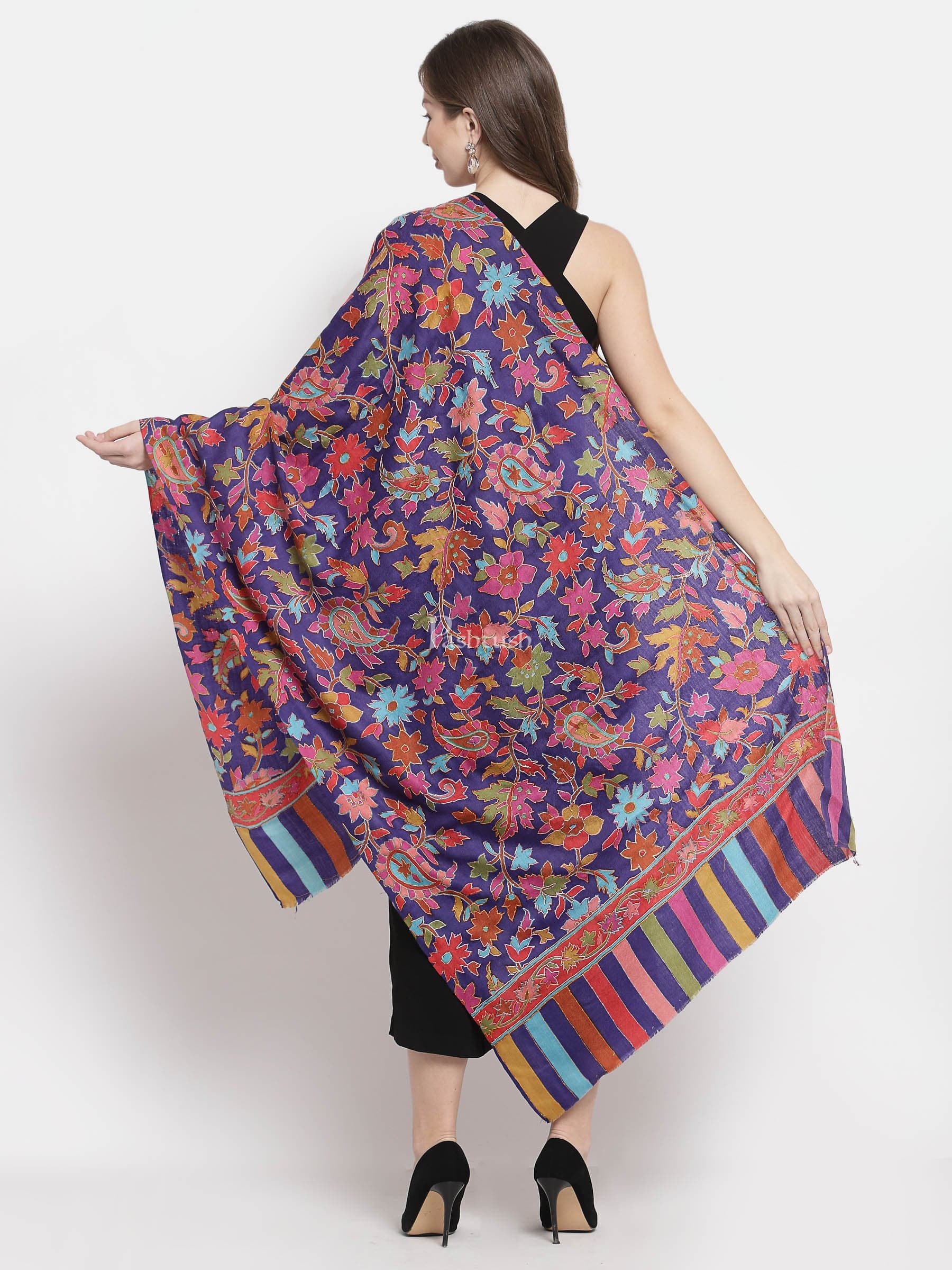 Pashtush Womens 100% Hand Embroidered Kalamkari Stole, Fine Wool, Blue - Image 3