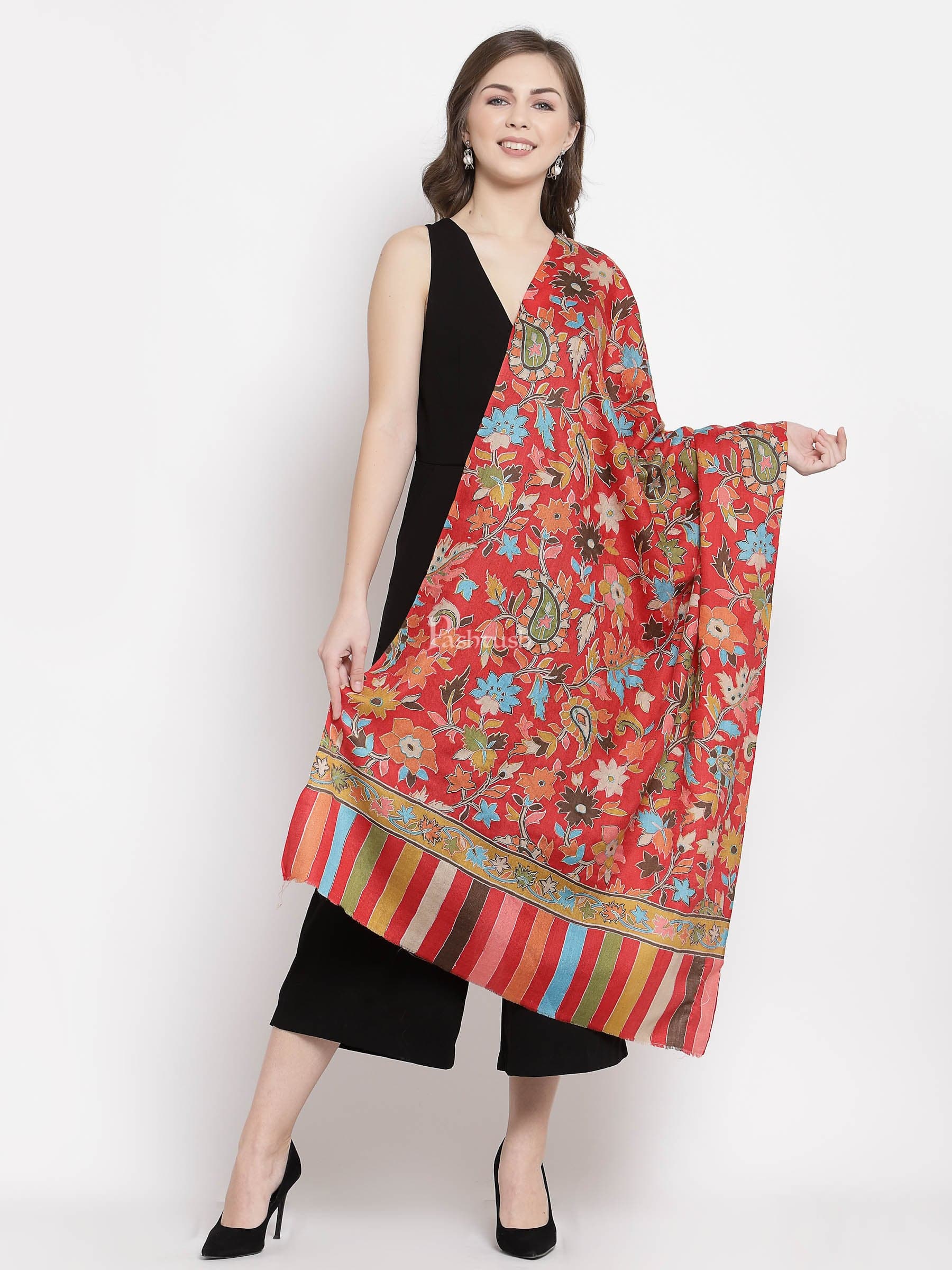 Pashtush Womens 100% Hand Embroidered Kalamkari Stole, Fine Wool, Scarlet Red - Image 4