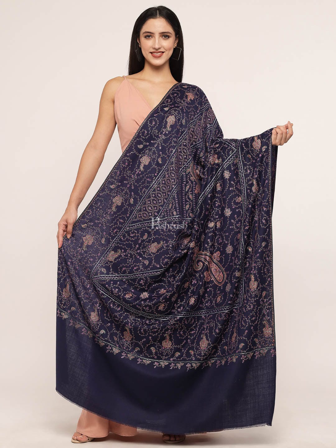 Pashtush womens 100% Pure Wool with Woolmark Certificate shawl, 100% hand embroidery  design, Blue - Image 6