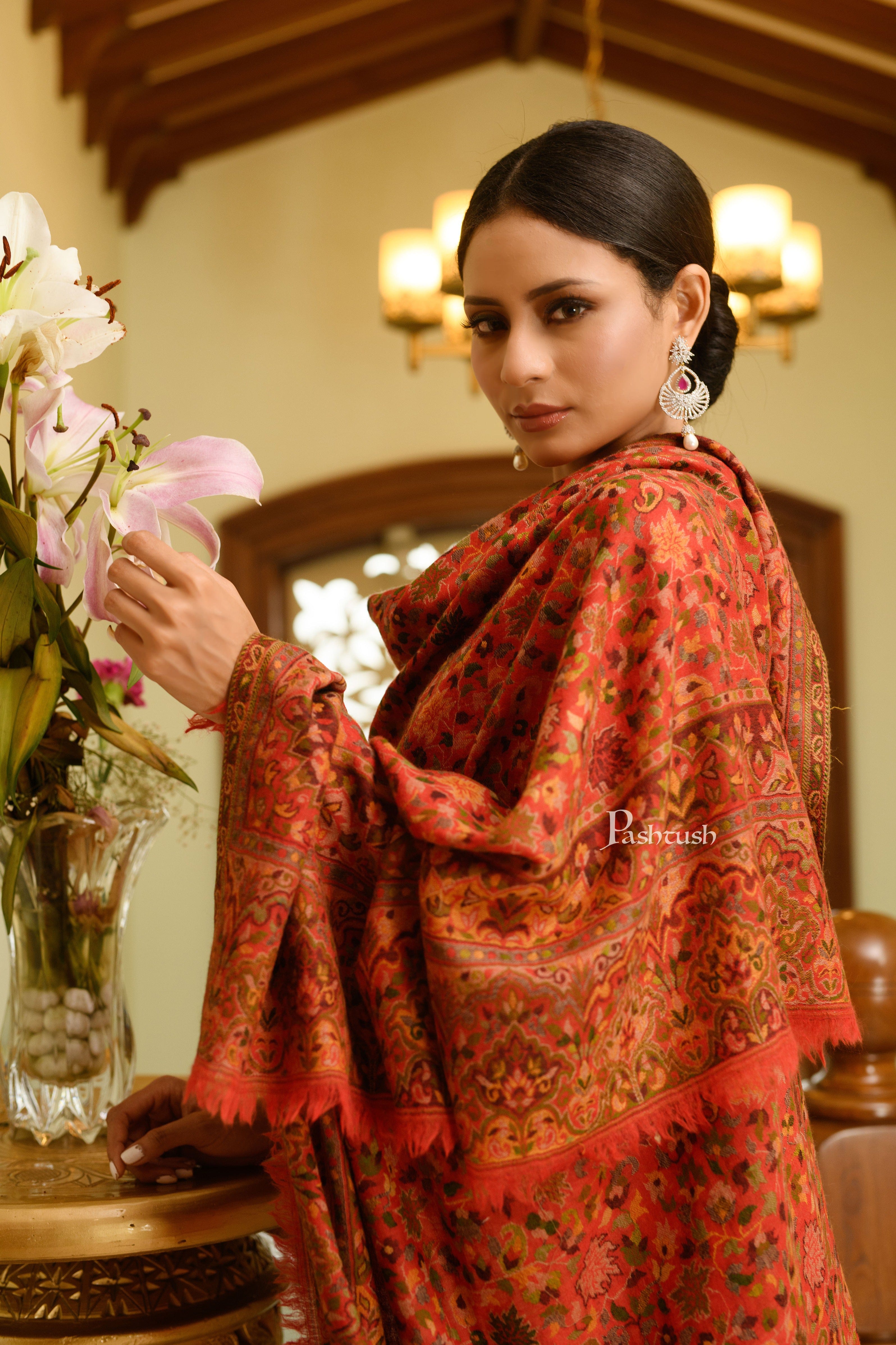 Pashtush Womens 100% Pure Wool With Woolmark Certificate Shawl, Ethnic Weave Design, Red - Image 6