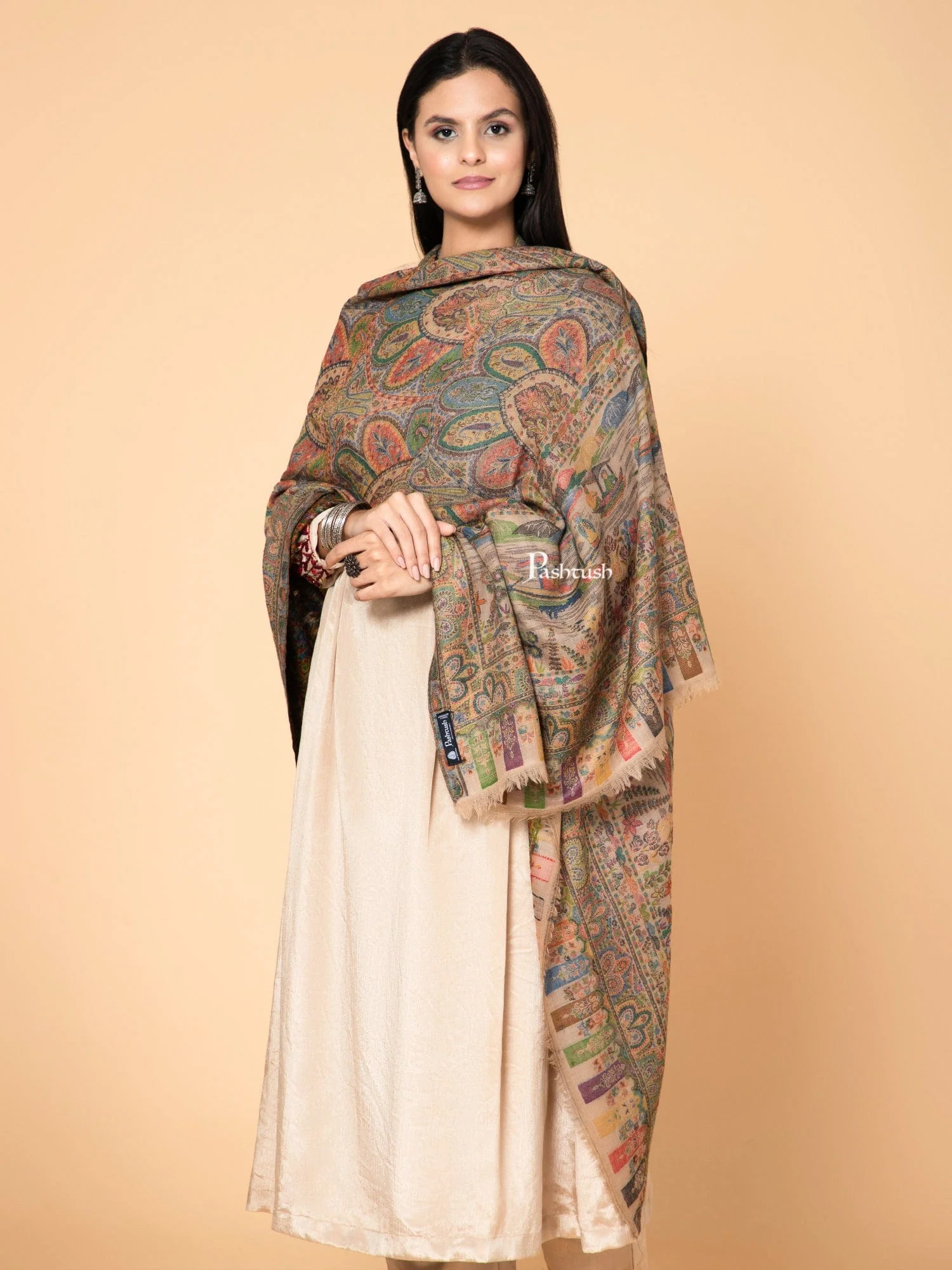 Pashtush Womens 100% Pure Wool With Woolmark Certificate Shawl, Ethnic Weave Soft And Warm Lake Design, Mustard - Image 3