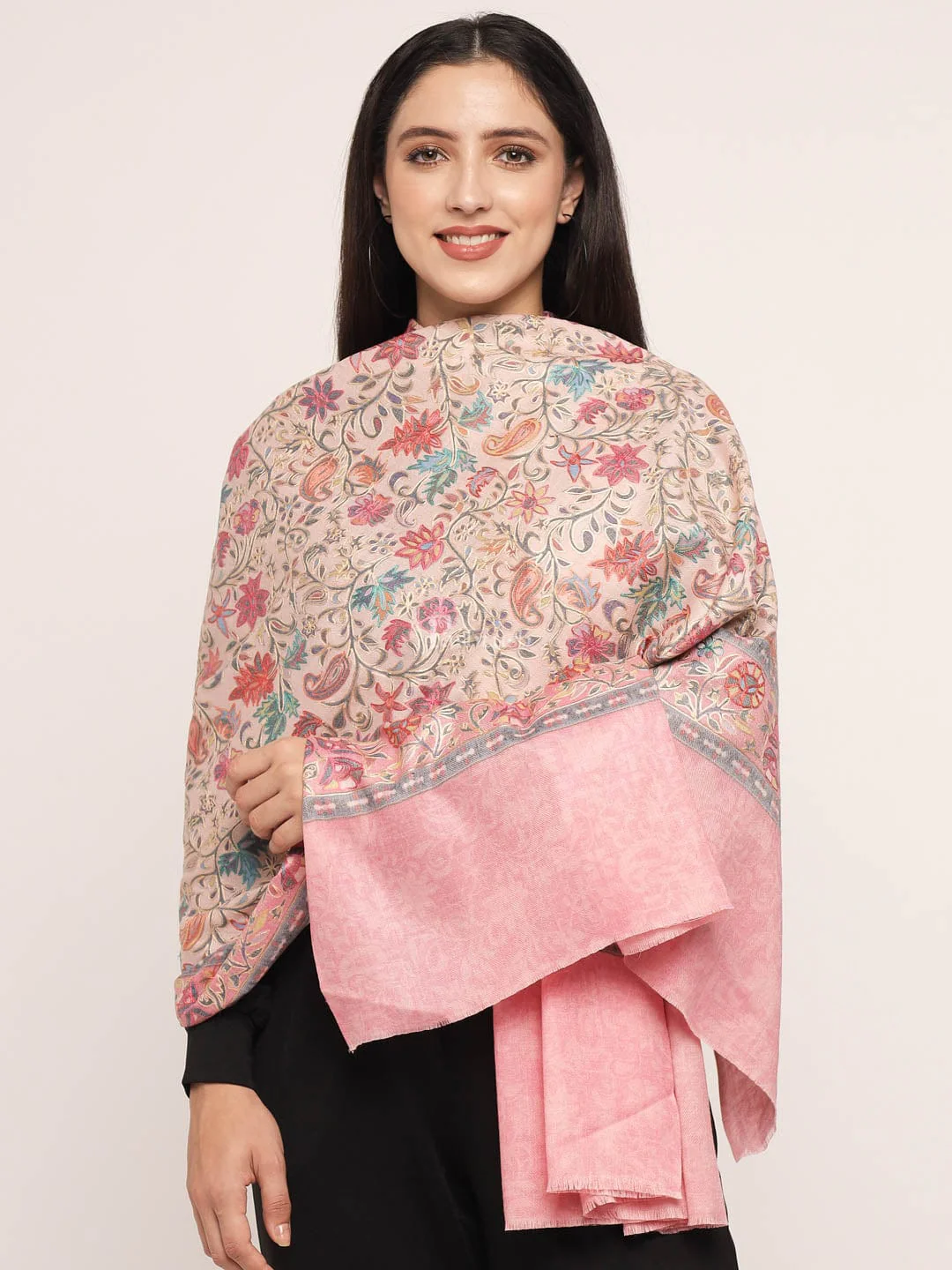 Pashtush womens 100% Pure Wool with Woolmark Certificate shawl, nalki embroidery design, Pink - Image 2
