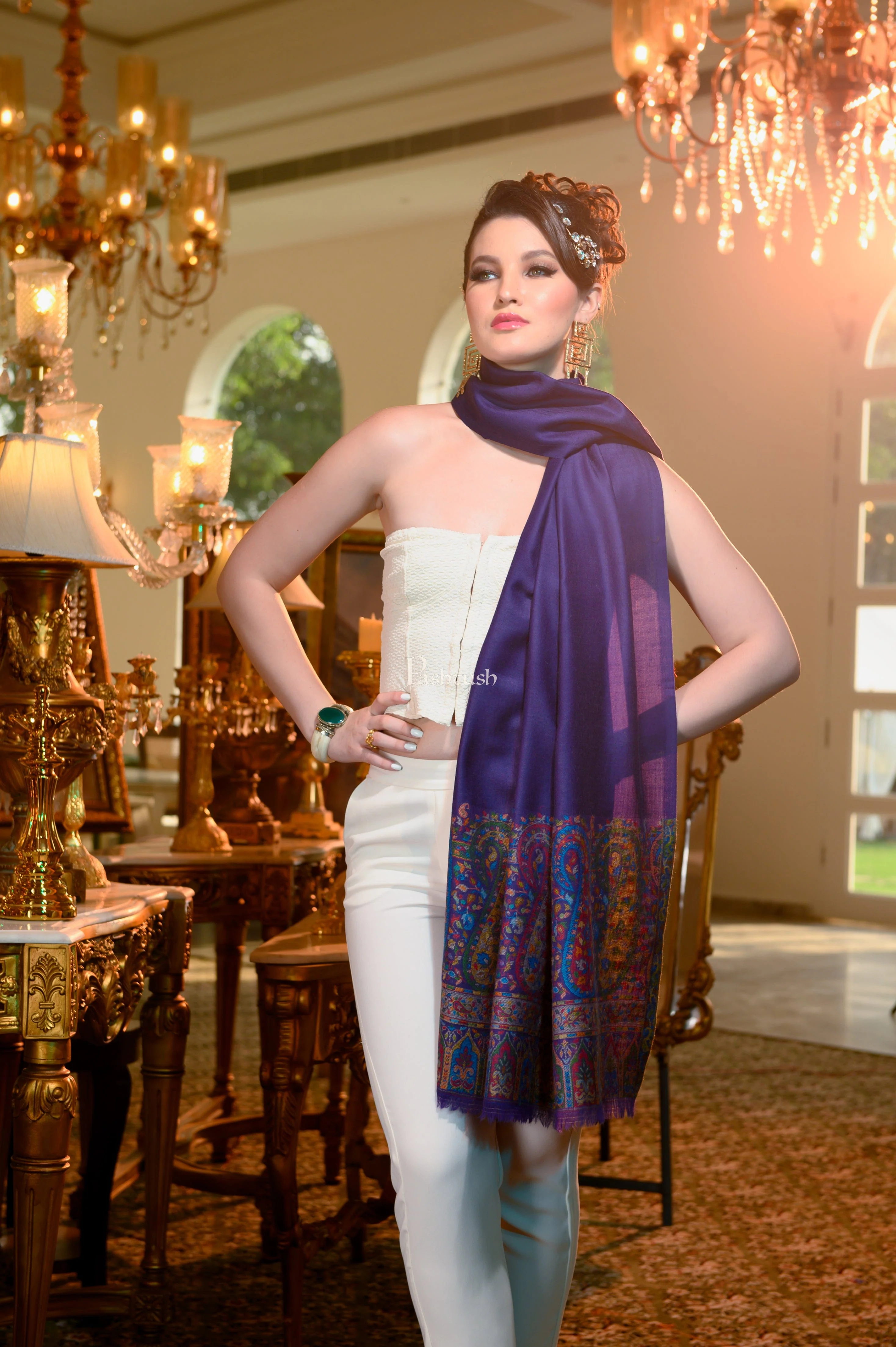 Pashtush Womens 100% Pure Wool With Woolmark Certificate Shawl, Paisley Palla Design, Blue - Image 2