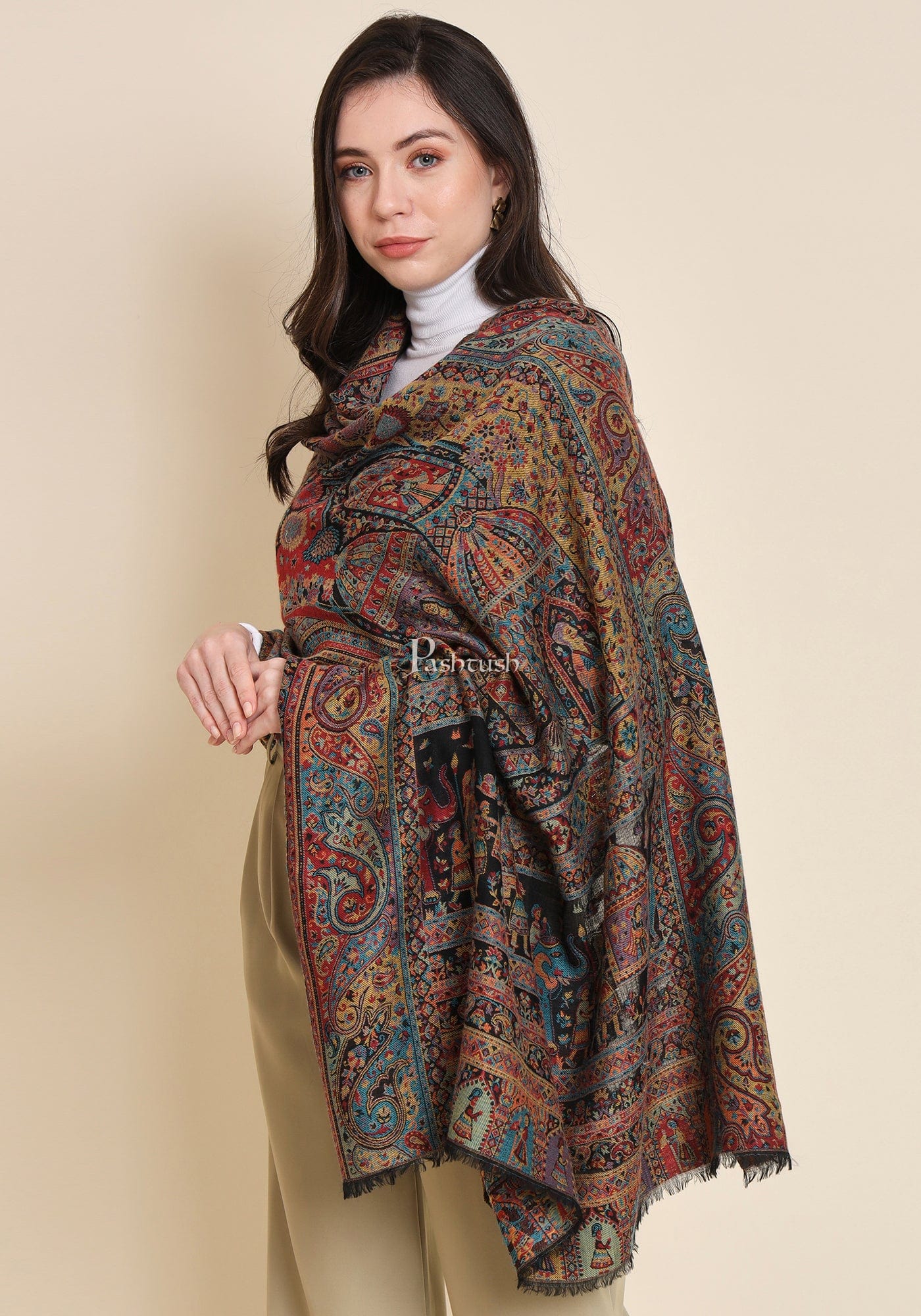 Pashtush Womens 100% Pure Wool With Woolmark Certificate Shawl, Royal Darbar Design, Black - Image 5