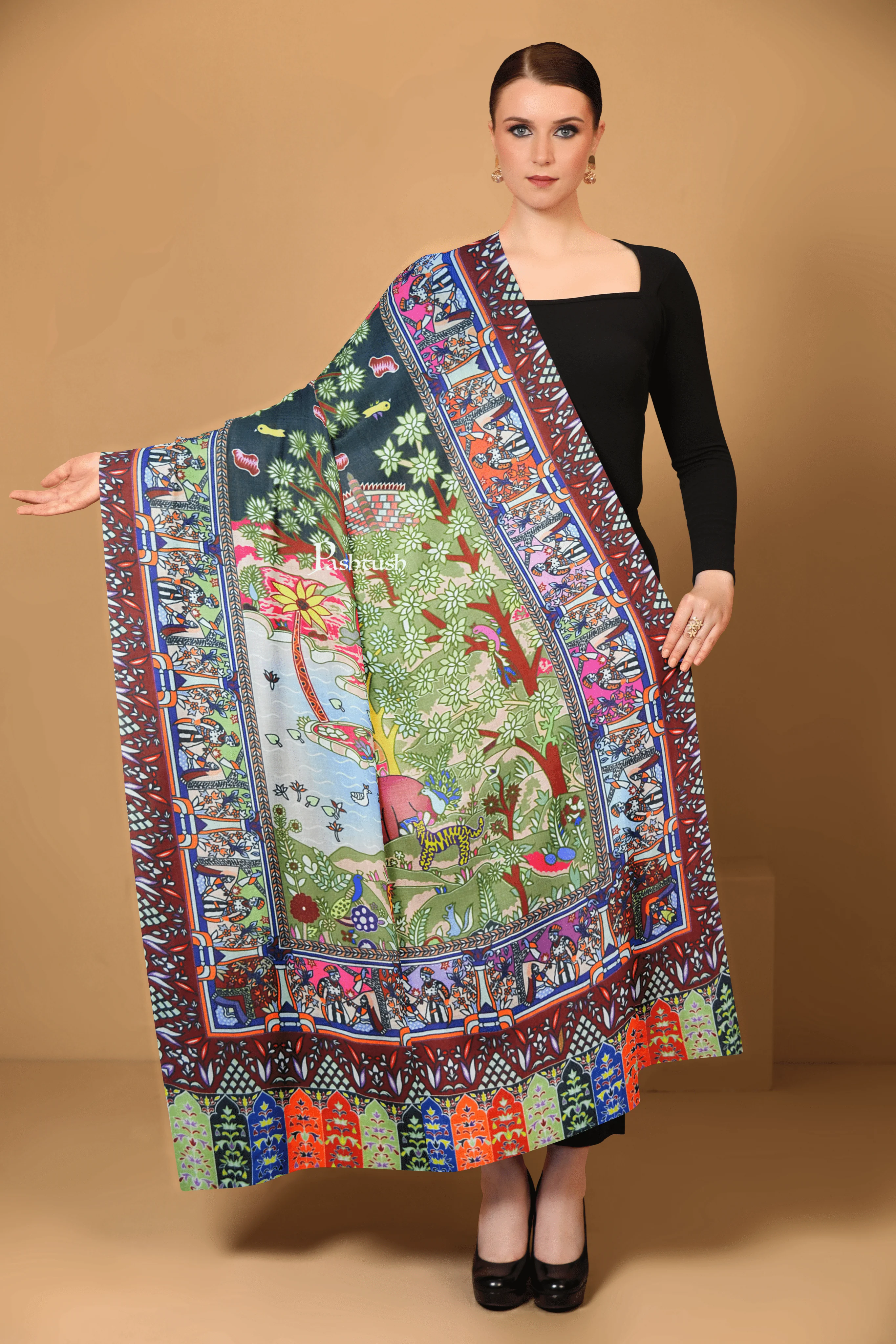 Pashtush Womens 100% Pure Wool With Woolmark Certificate Shawl, Shikaardar Design, Multicolour - Image 2