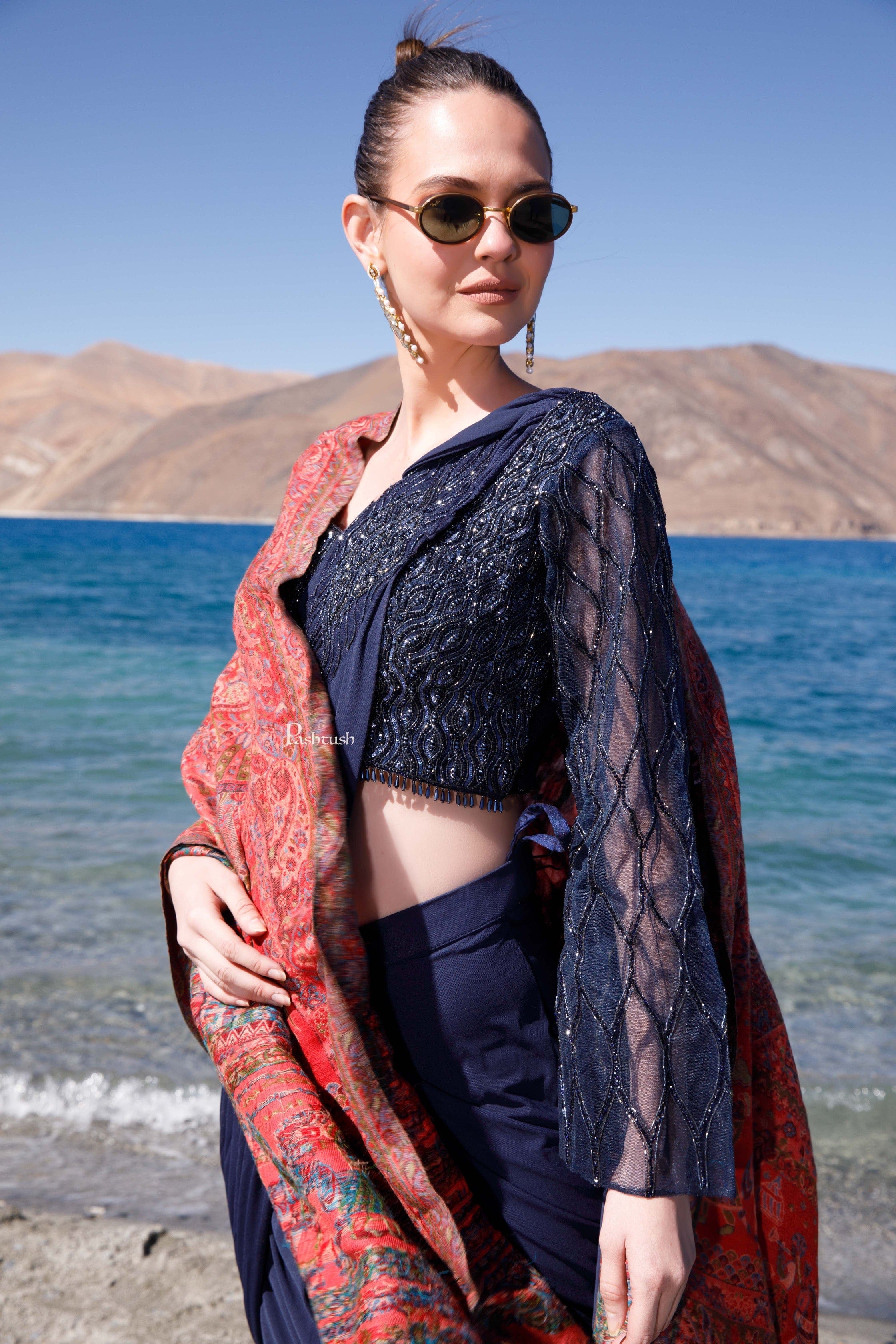 Pashtush Womens 100% Pure Wool With Woolmark Certificate Shawl, Woven Weave Royal Doli Design, Rose - Image 8