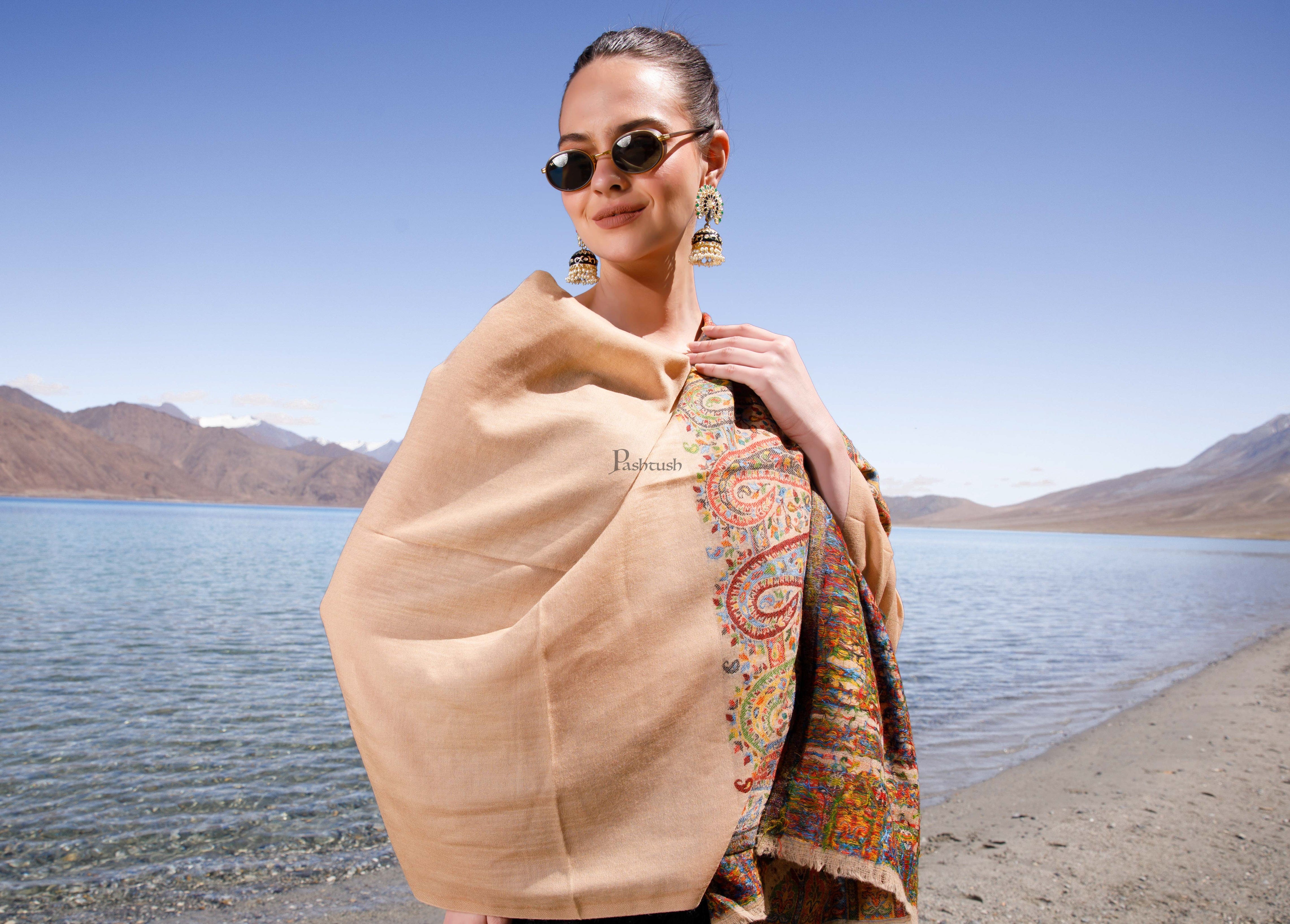 Pashtush Womens 100% Pure Wool With Woolmark Certificate Stole, Ethnic Weave Paisley Palla Design, Beige - Image 5