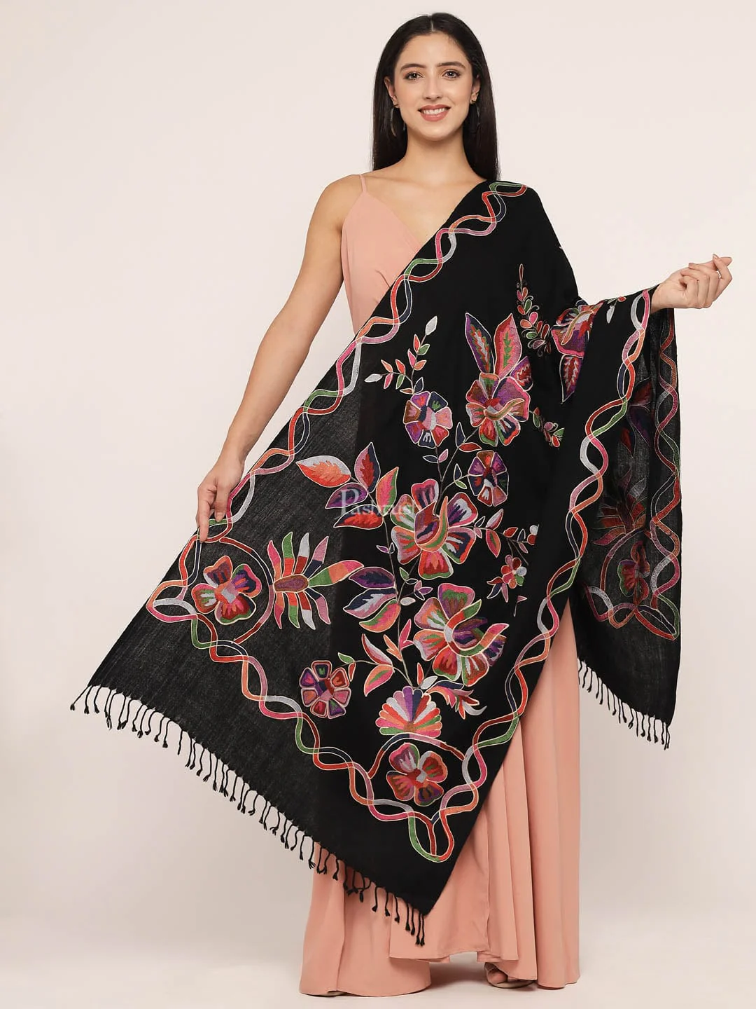 Pashtush womens 100% Pure Wool with Woolmark Certificate Stole, nalki embroidery design, Black - Image 4