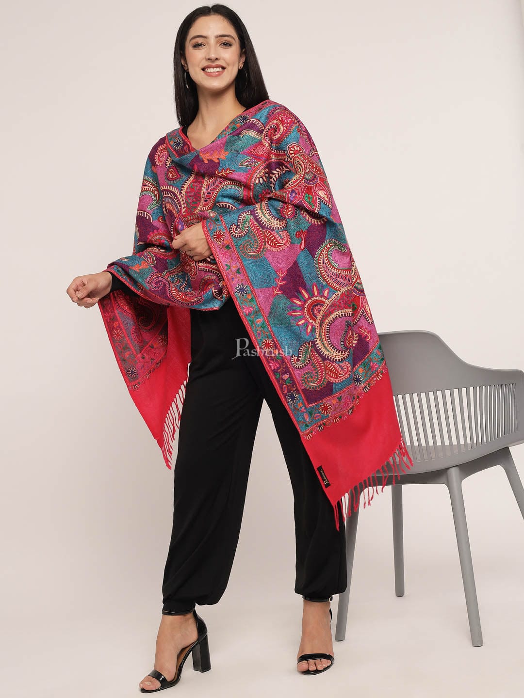 Pashtush womens 100% Pure Wool with Woolmark Certificate stole, nalki embroidery design, Multicolour - Image 4