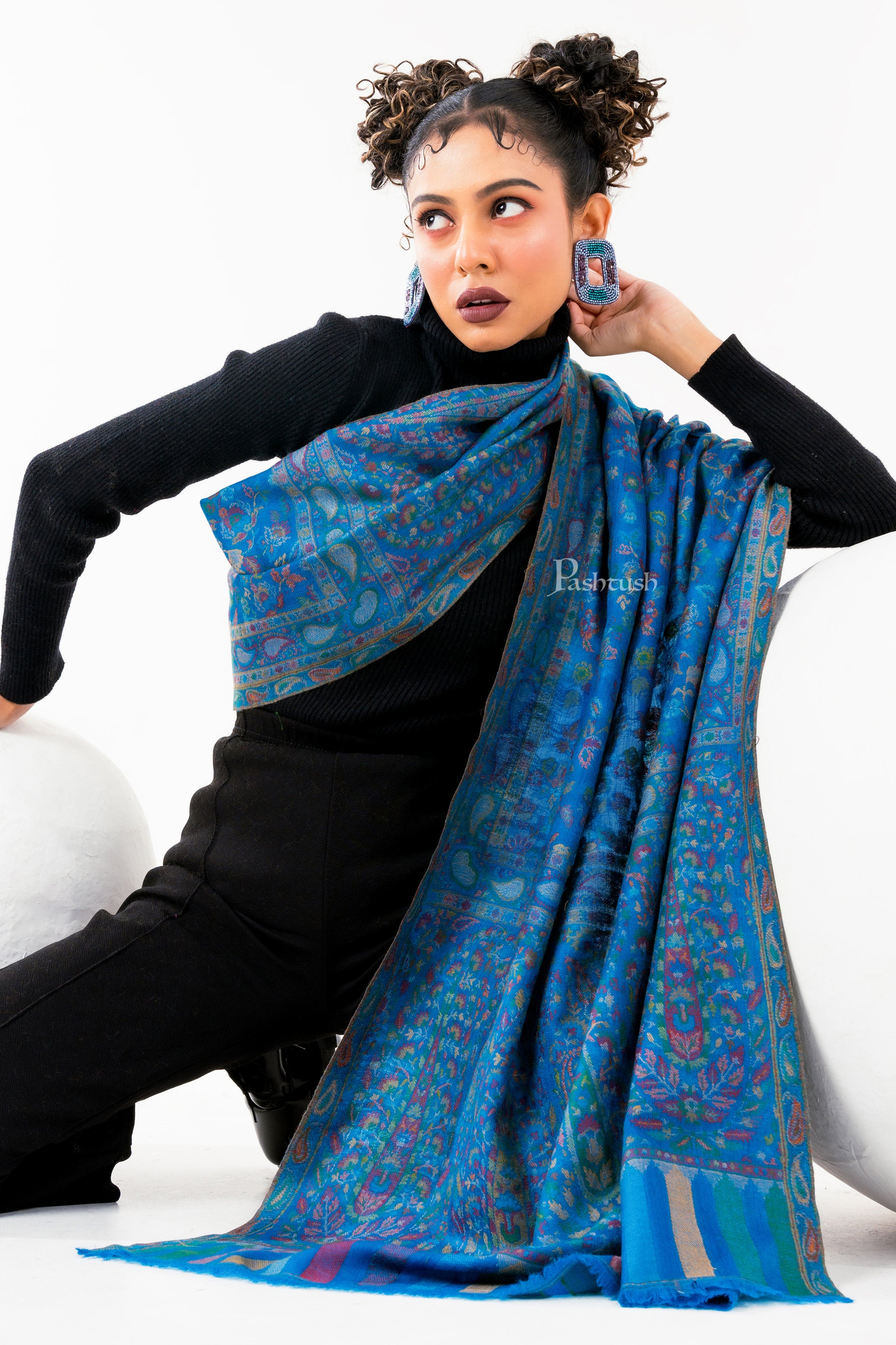 Pashtush Womens 100% Pure Wool With Woolmark Certificate Stole, Paisley Design, Blue - Image 2