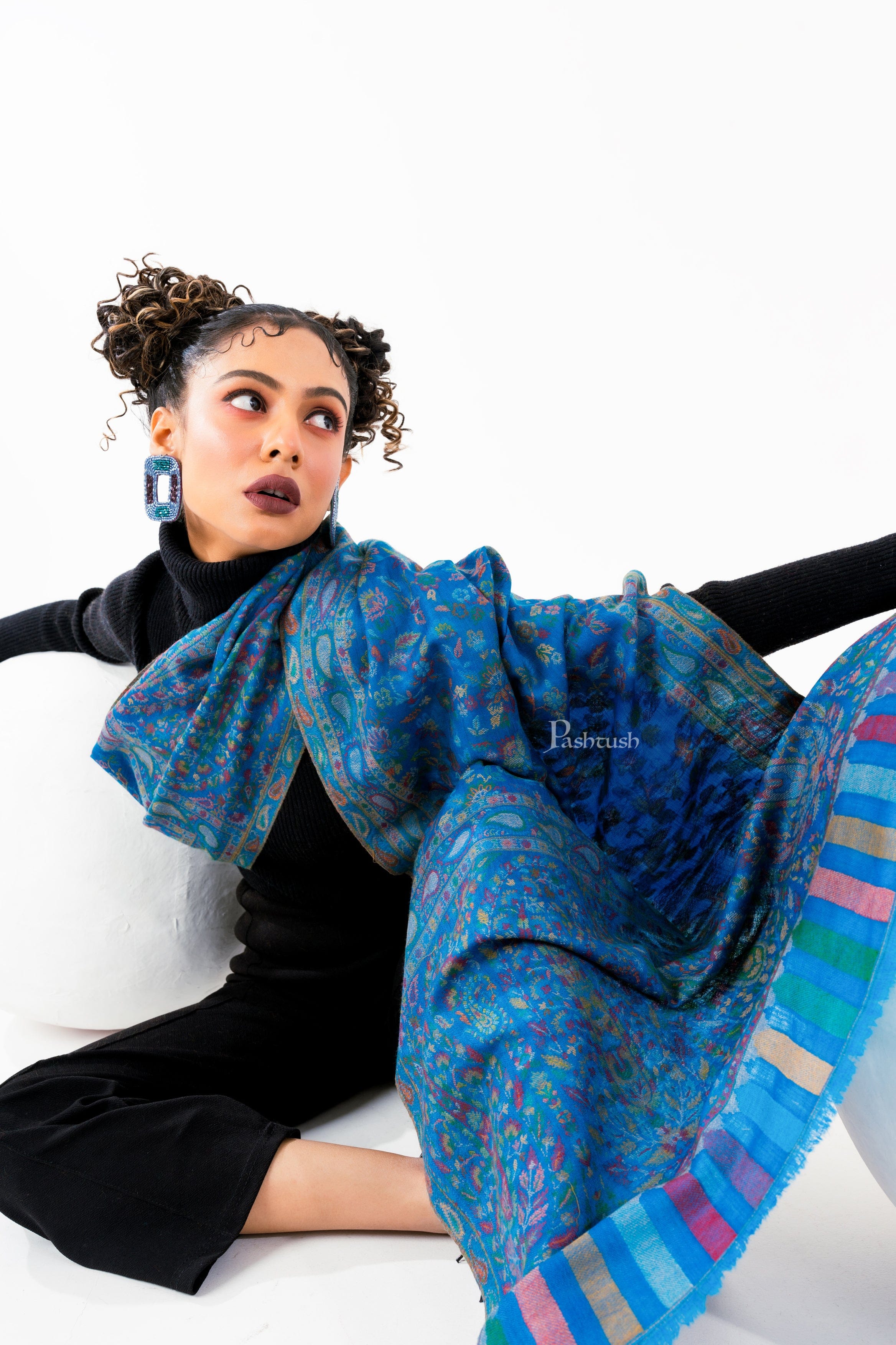 Pashtush Womens 100% Pure Wool With Woolmark Certificate Stole, Paisley Design, Blue - Image 4