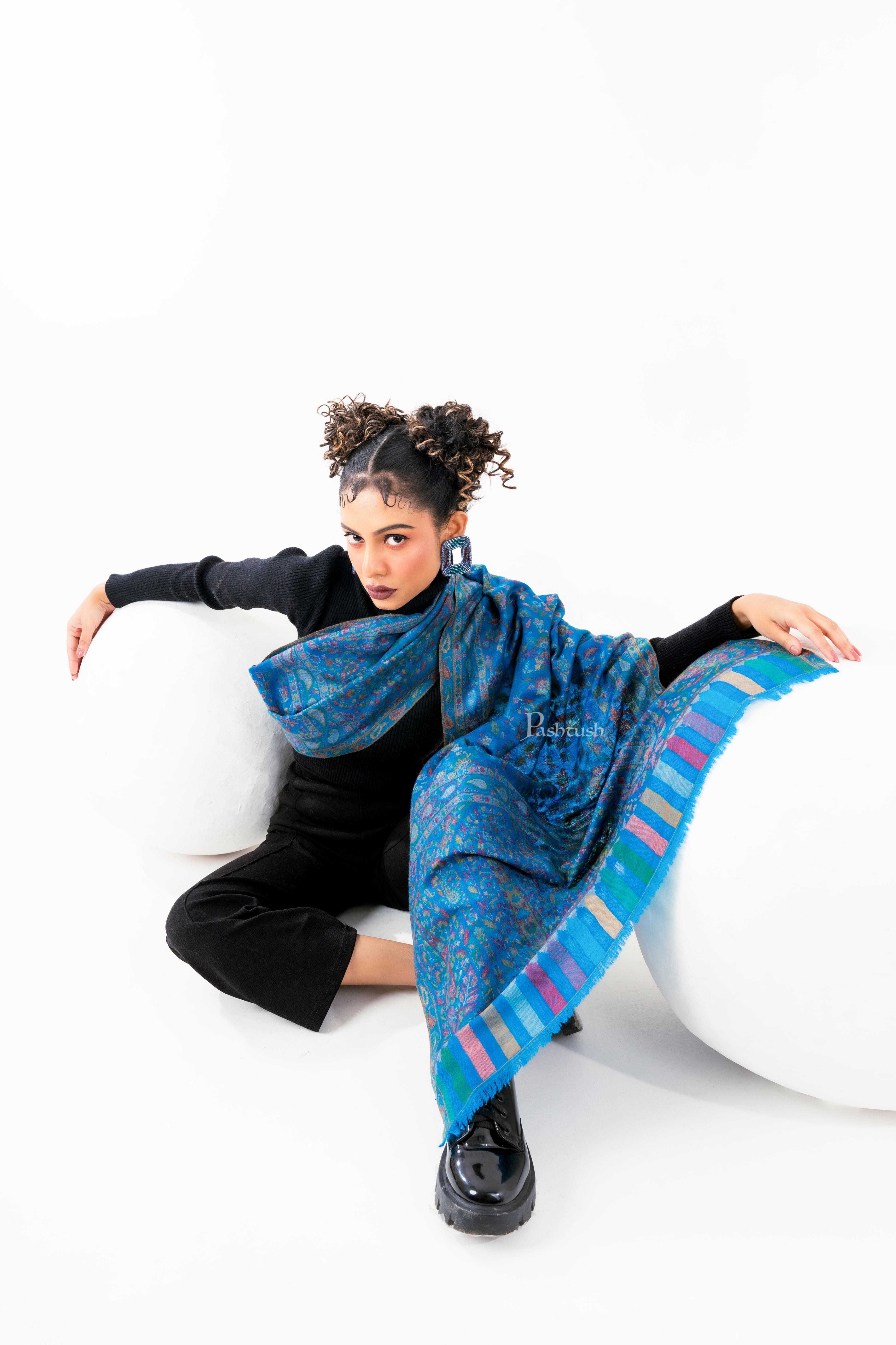 Pashtush Womens 100% Pure Wool With Woolmark Certificate Stole, Paisley Design, Blue - Image 6