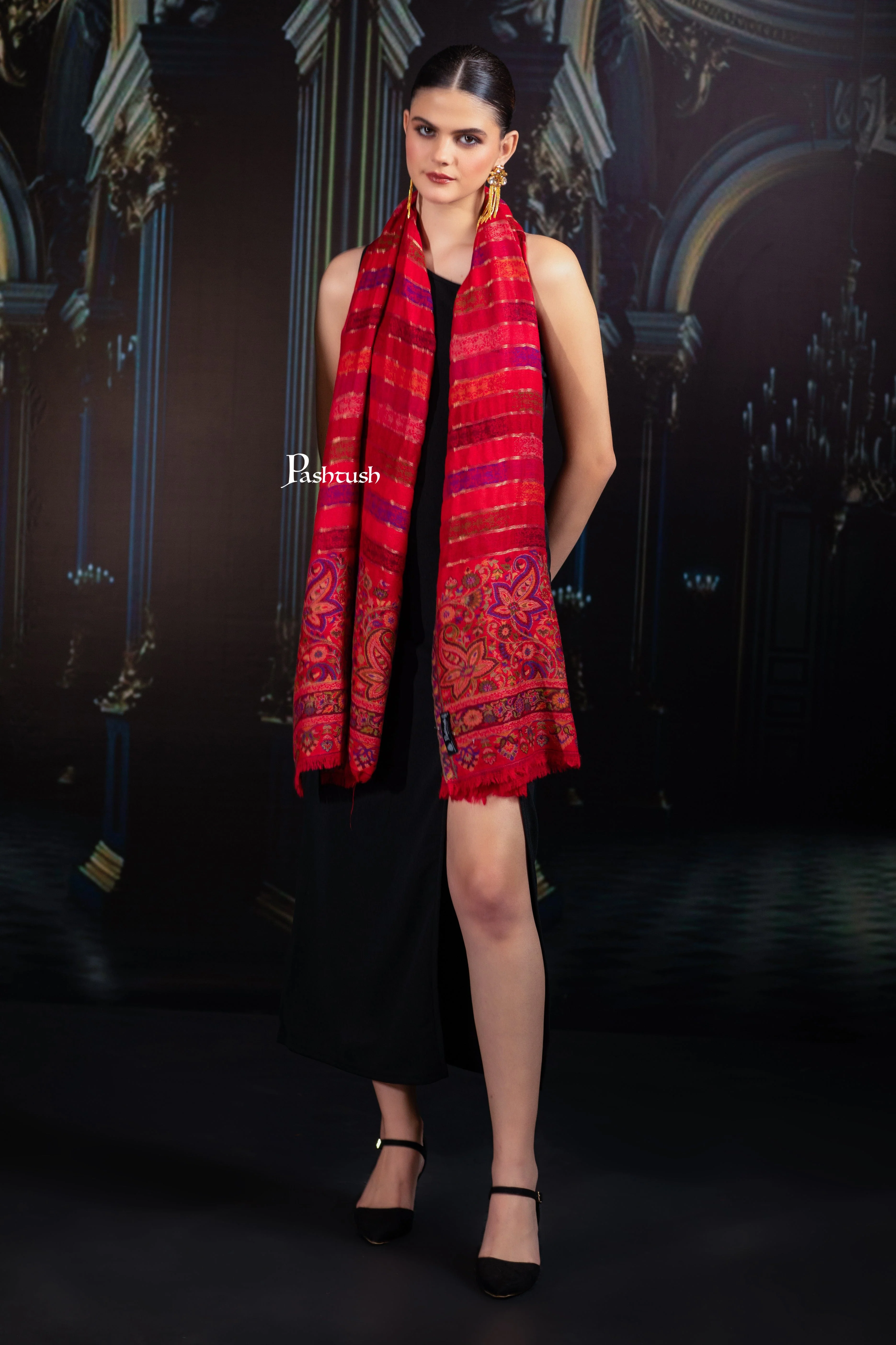 Pashtush Womens 100% Pure Wool With Woolmark Certificate Stole, Paisley Design, Scarlet Red - Image 4