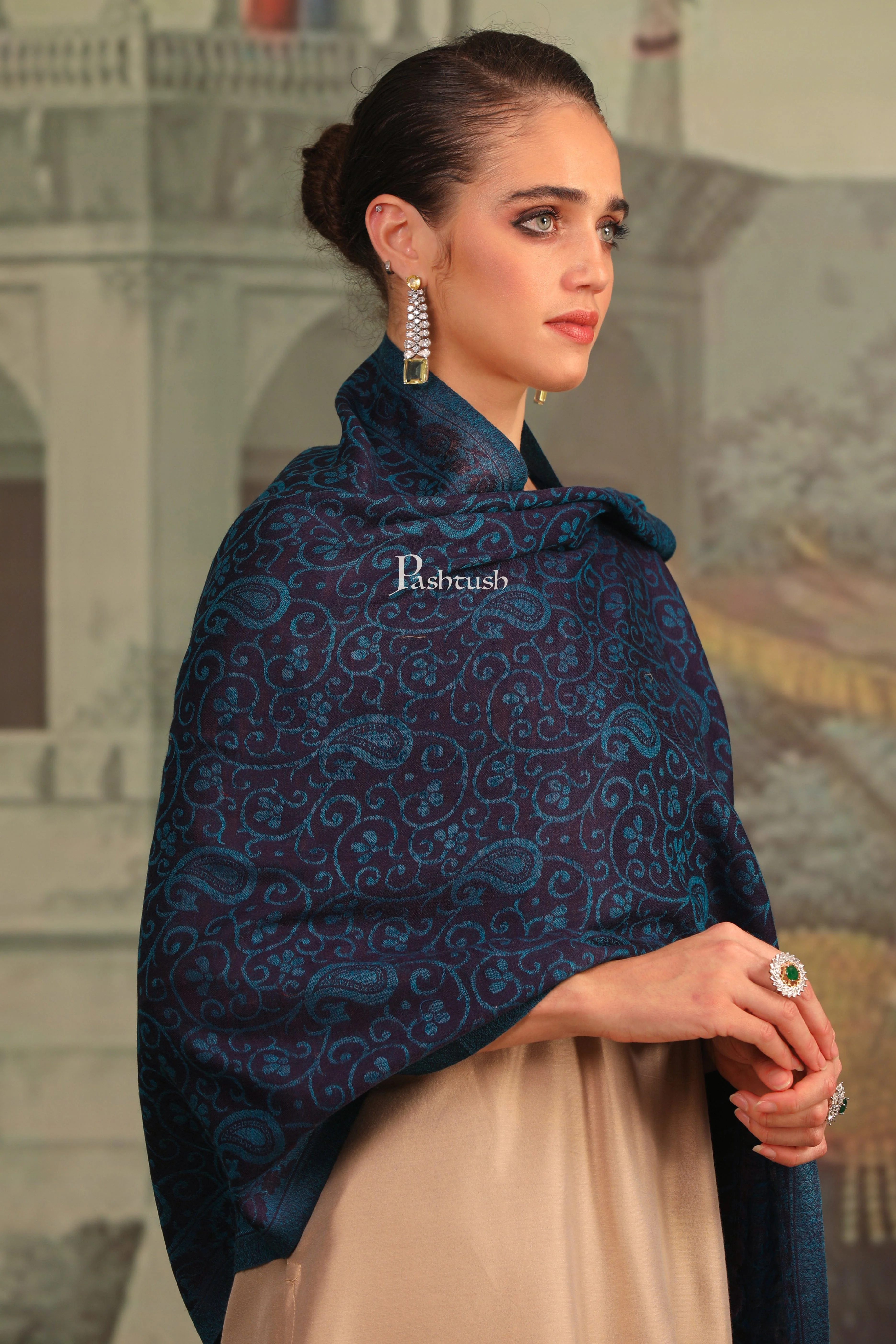 Pashtush Womens 100% Pure Wool With Woolmark Certificate Stole, Paisley Weave Design, Blue - Image 3