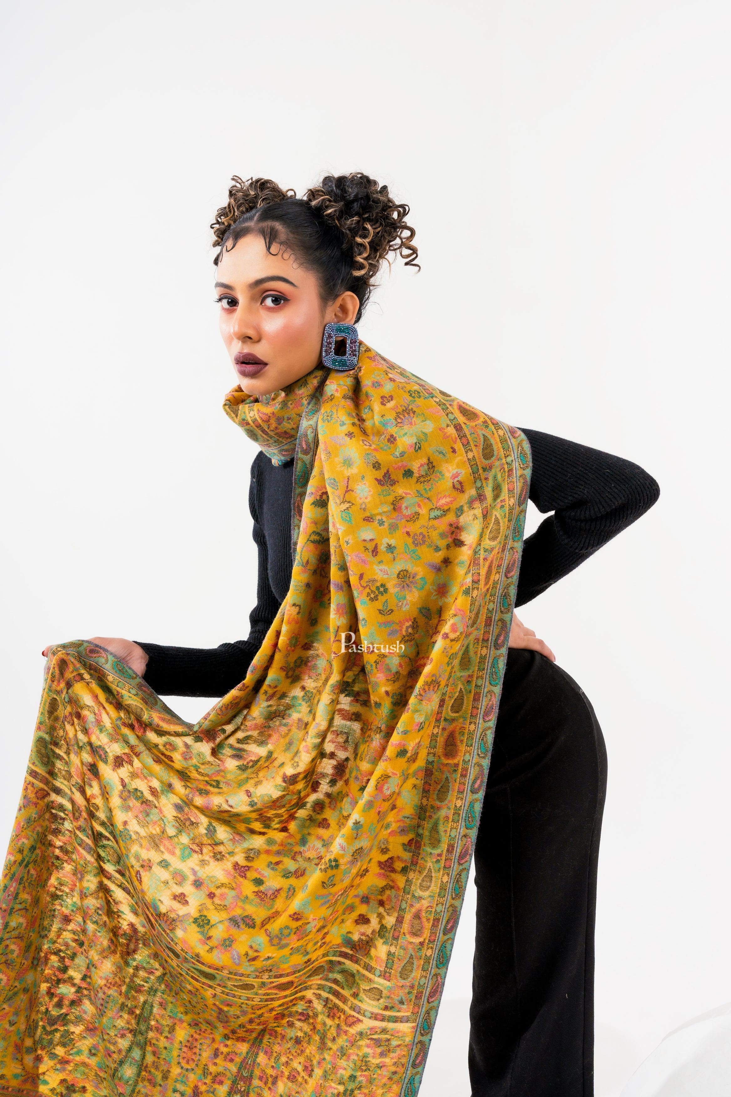 Pashtush Womens 100% Pure Wool With Woolmark Certificate Stole, Paisley Weave Design, Mustard - Image 4