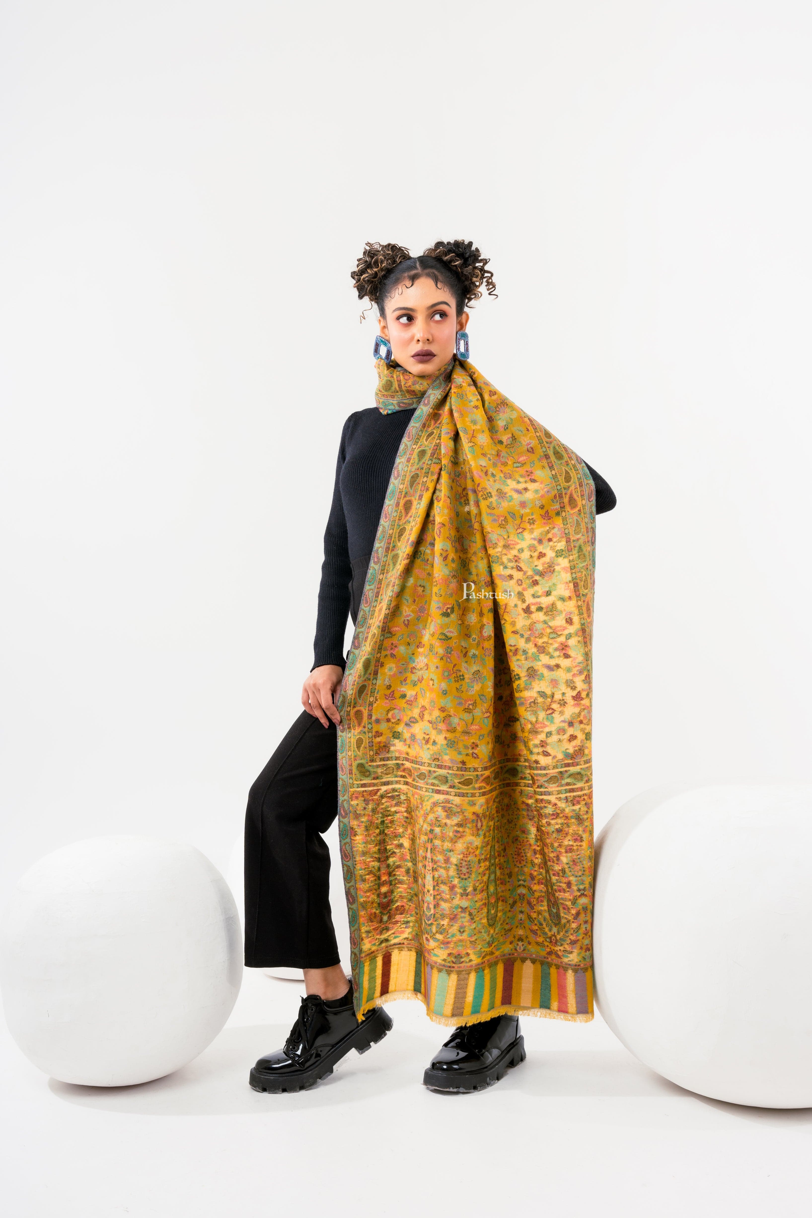 Pashtush Womens 100% Pure Wool With Woolmark Certificate Stole, Paisley Weave Design, Mustard - Image 7
