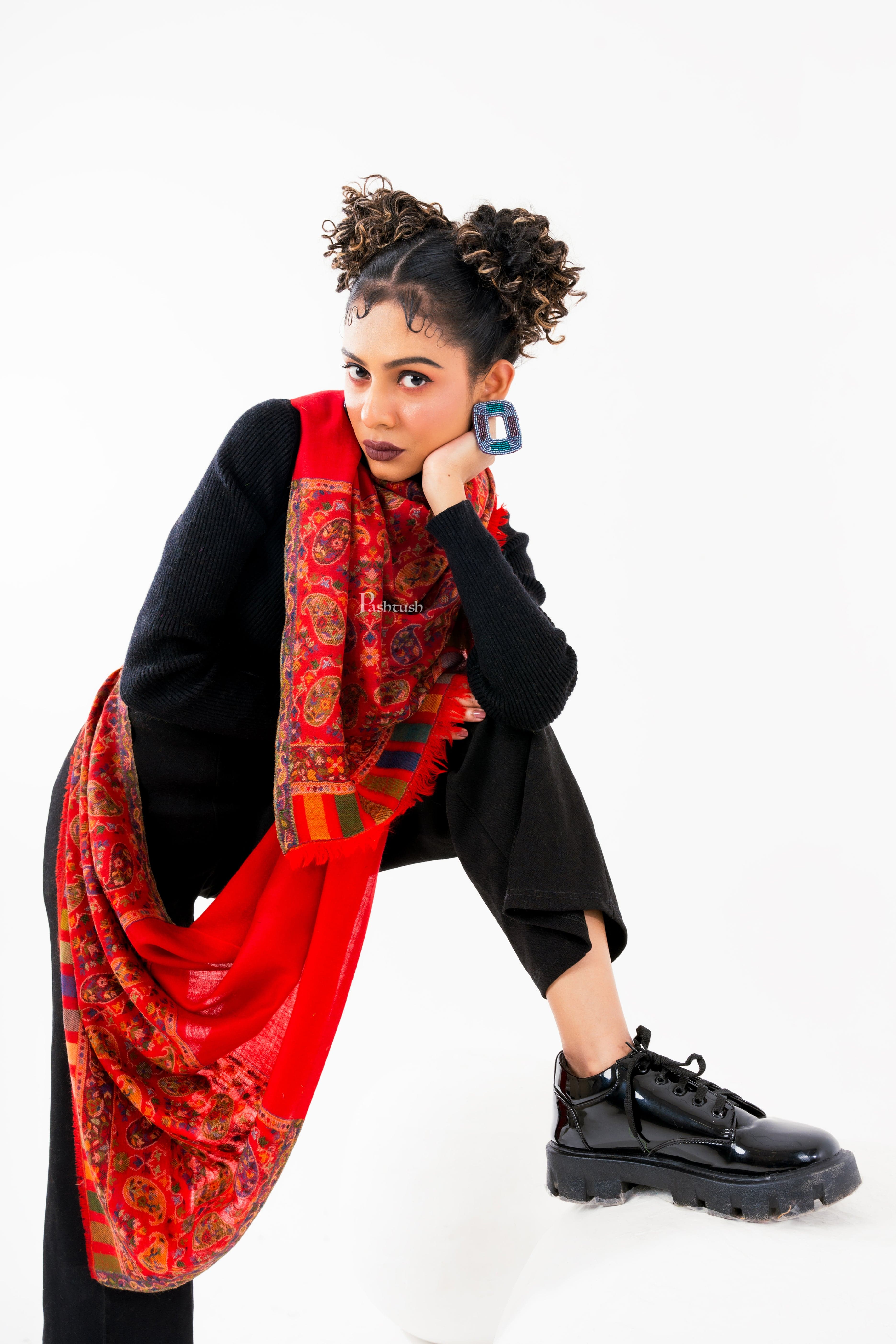 Pashtush Womens 100% Pure Wool With Woolmark Certificate Stole, Paisley Weave Design, Red - Image 3