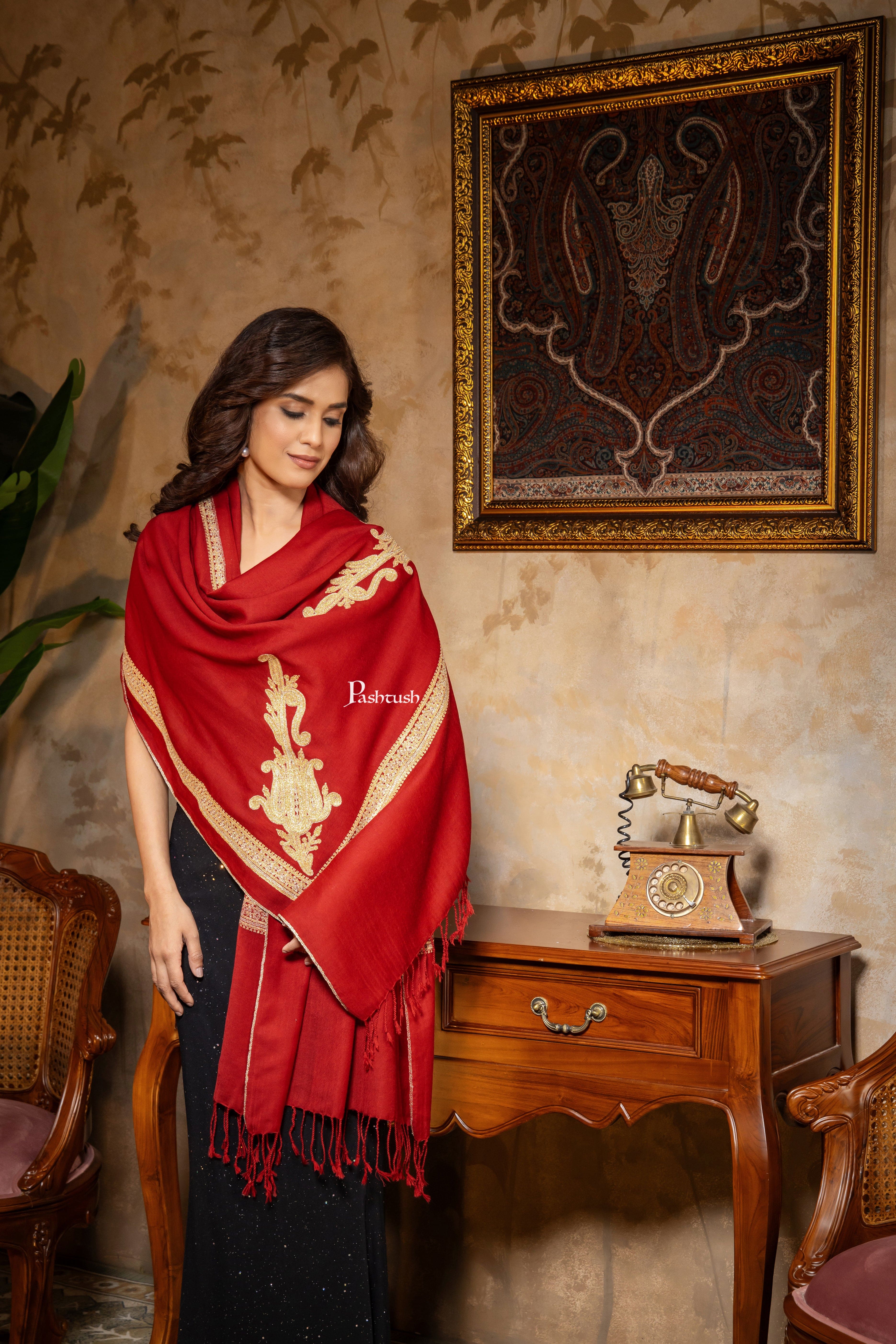 Pashtush Womens Extra Fine wool Stole, Zari Border Kaani Design, Maroon - Image 3