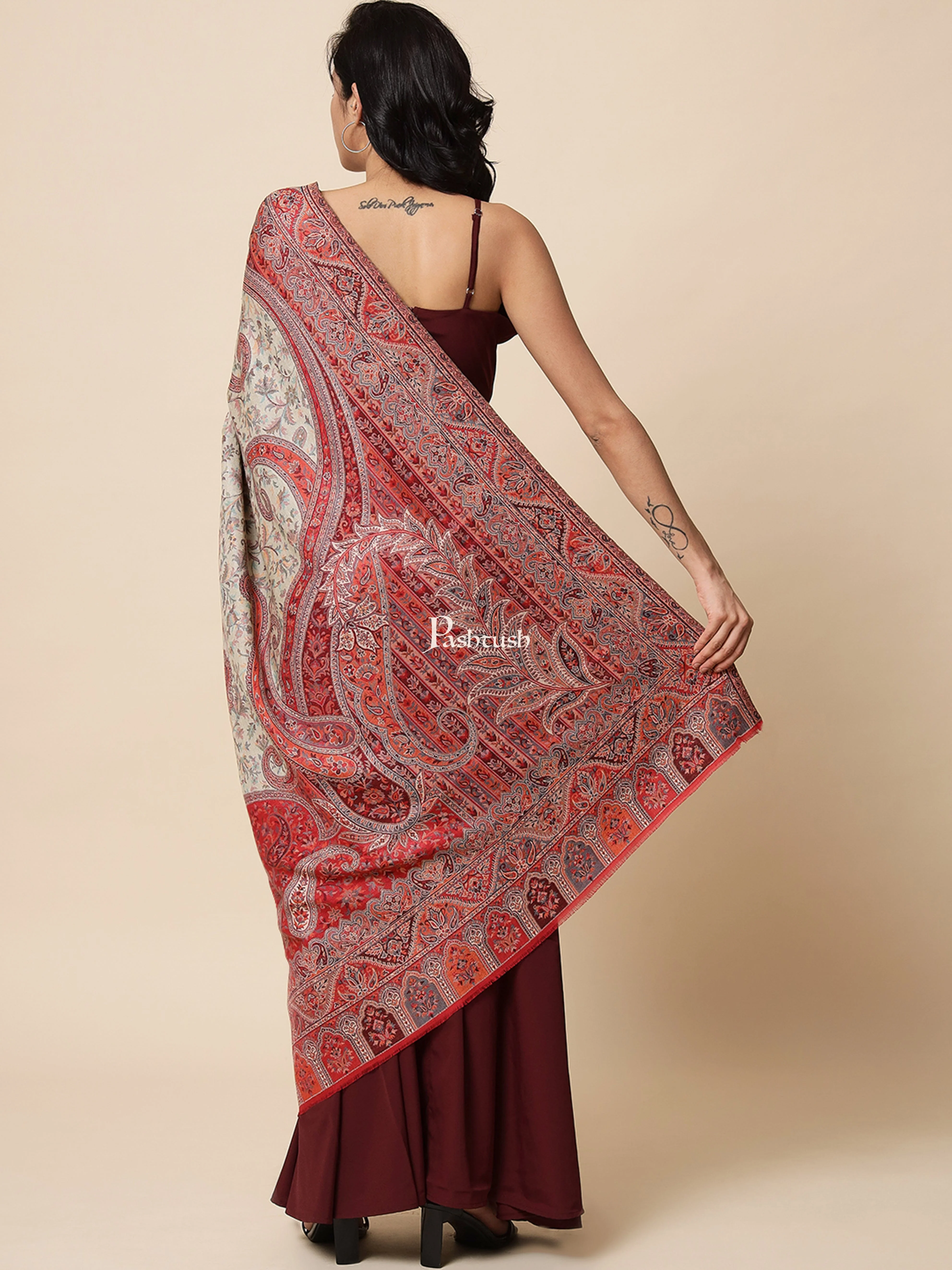 Pashtush Womens Antique Look Jamawar Shawl, Faux Pashmina, Beige and Deep Vermillon - Image 6