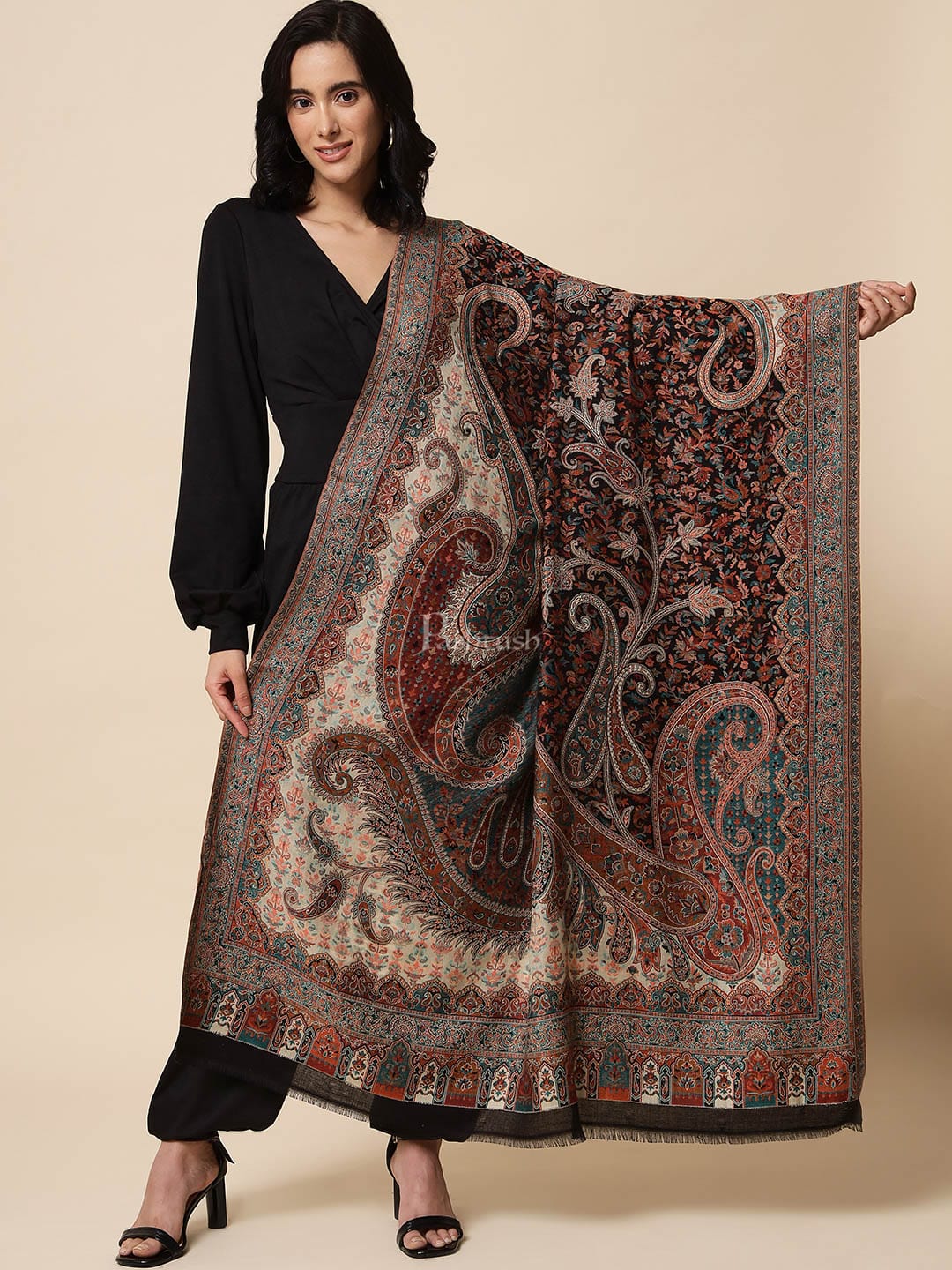 Pashtush Womens Antique Look Jamawar Shawl, Rich Garden Aesthetic, Faux Pashmina, Black - Image 2