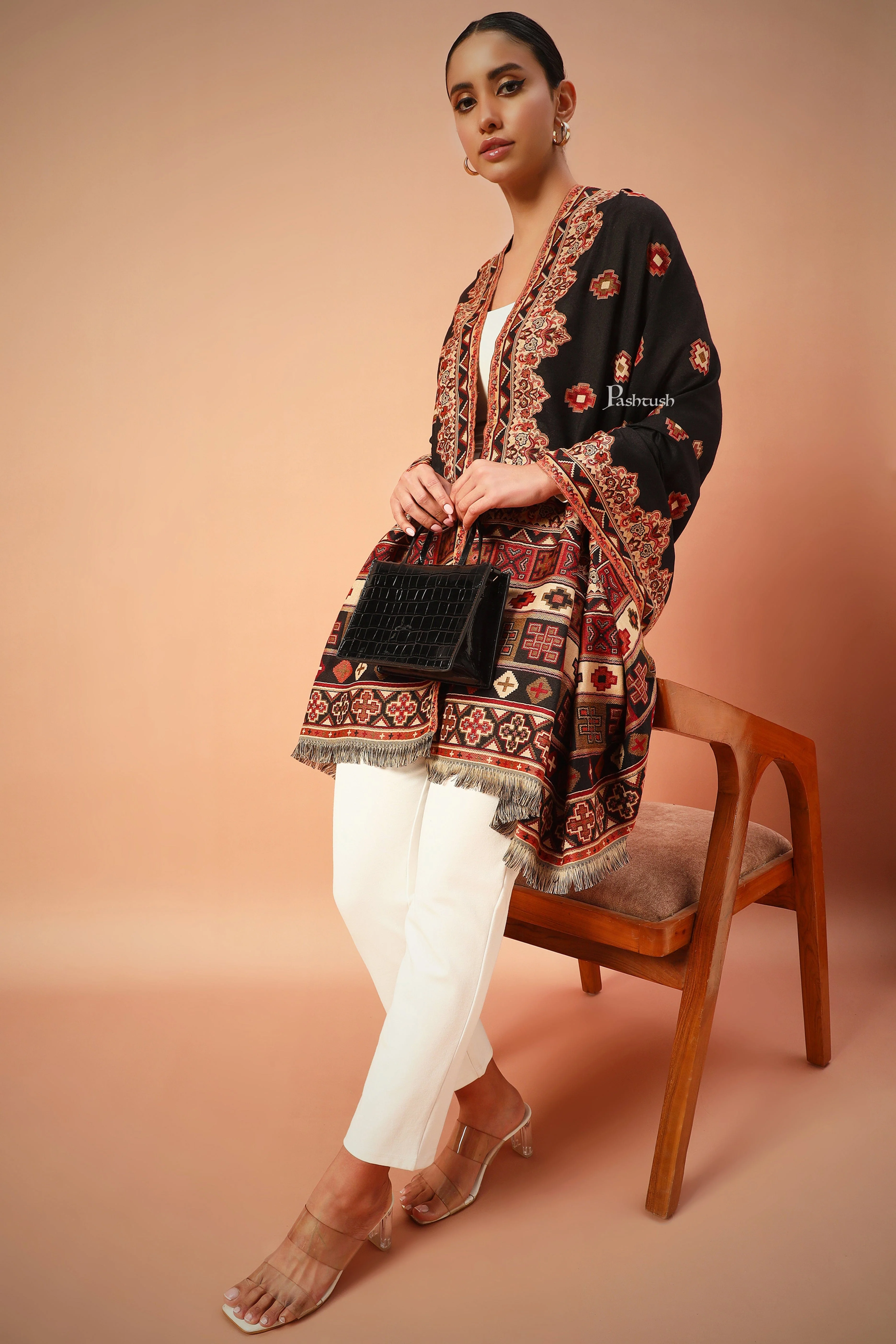 Pashtush Womens Aztec Jamawar Shawl, Faux Pashmina Black - Image 5