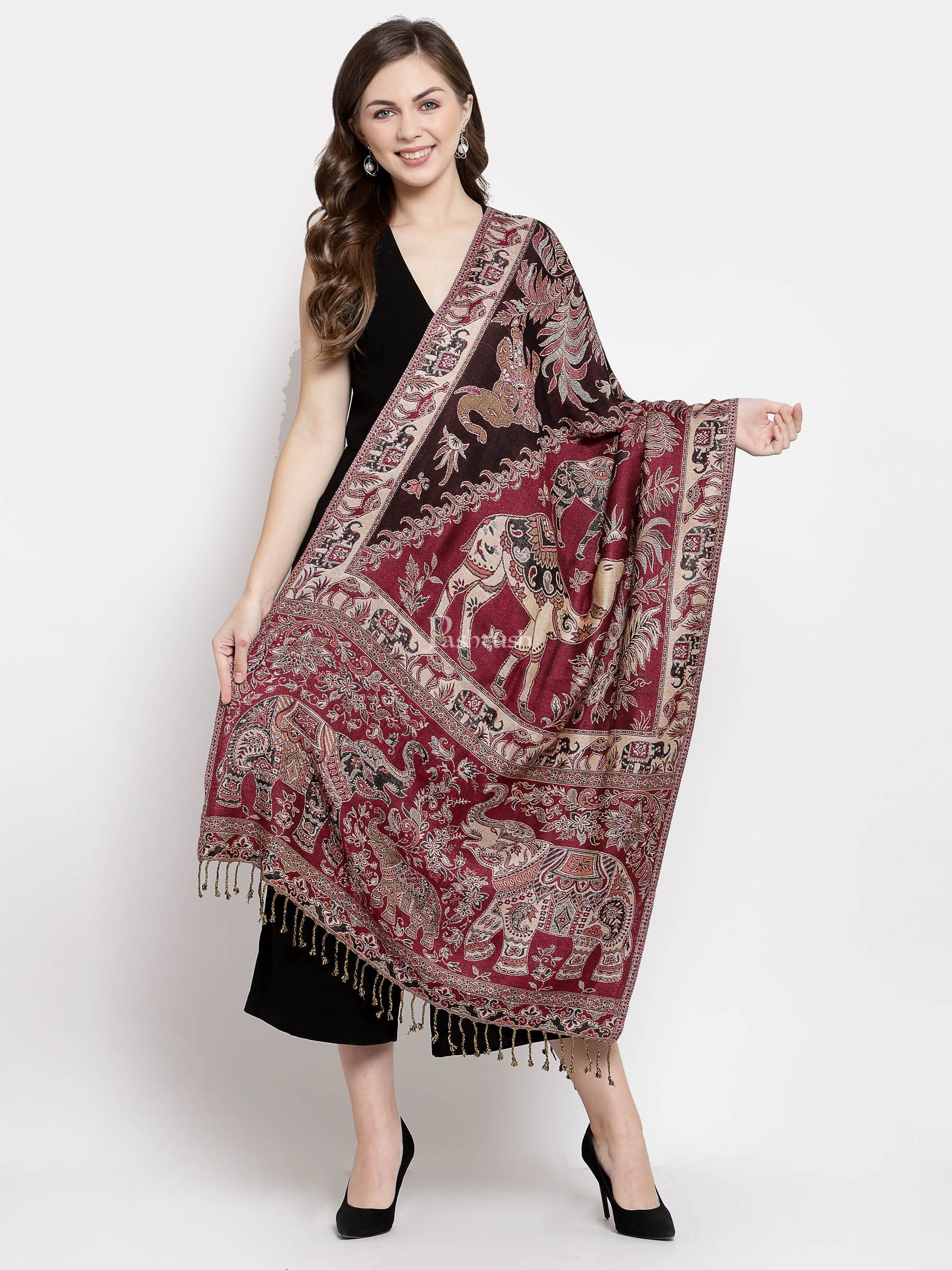 Pashtush Womens Bamboo Reversible Stole, Safari Elephants, Maroon And Black - Image 5