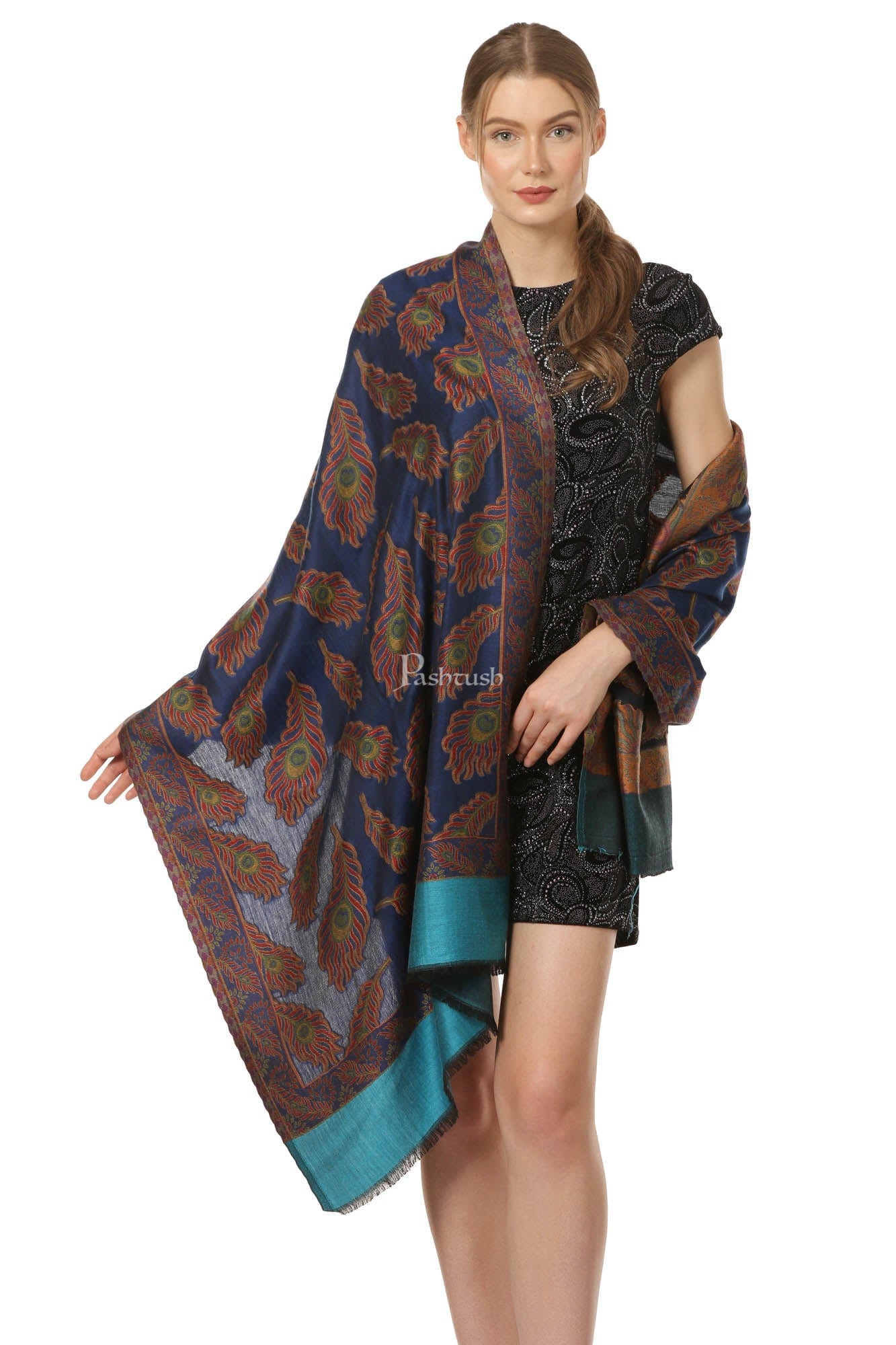 Pashtush Womens Bamboo Scarf, Woven Peacock Design, Soft And Natural - Image 3