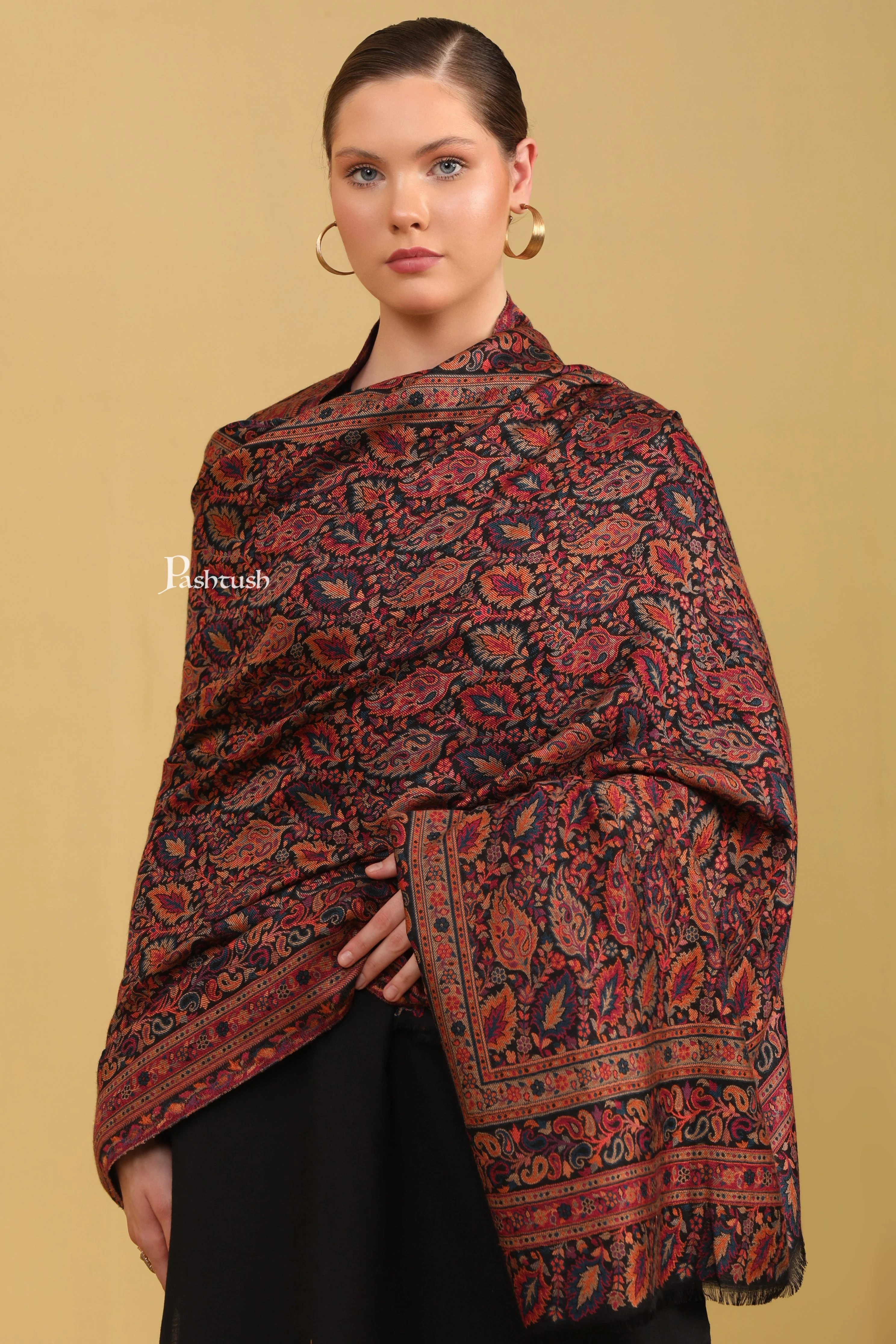 Pashtush Womens Bamboo Shawl, Pasiley Weave Design, Black And Mustard - Image 5