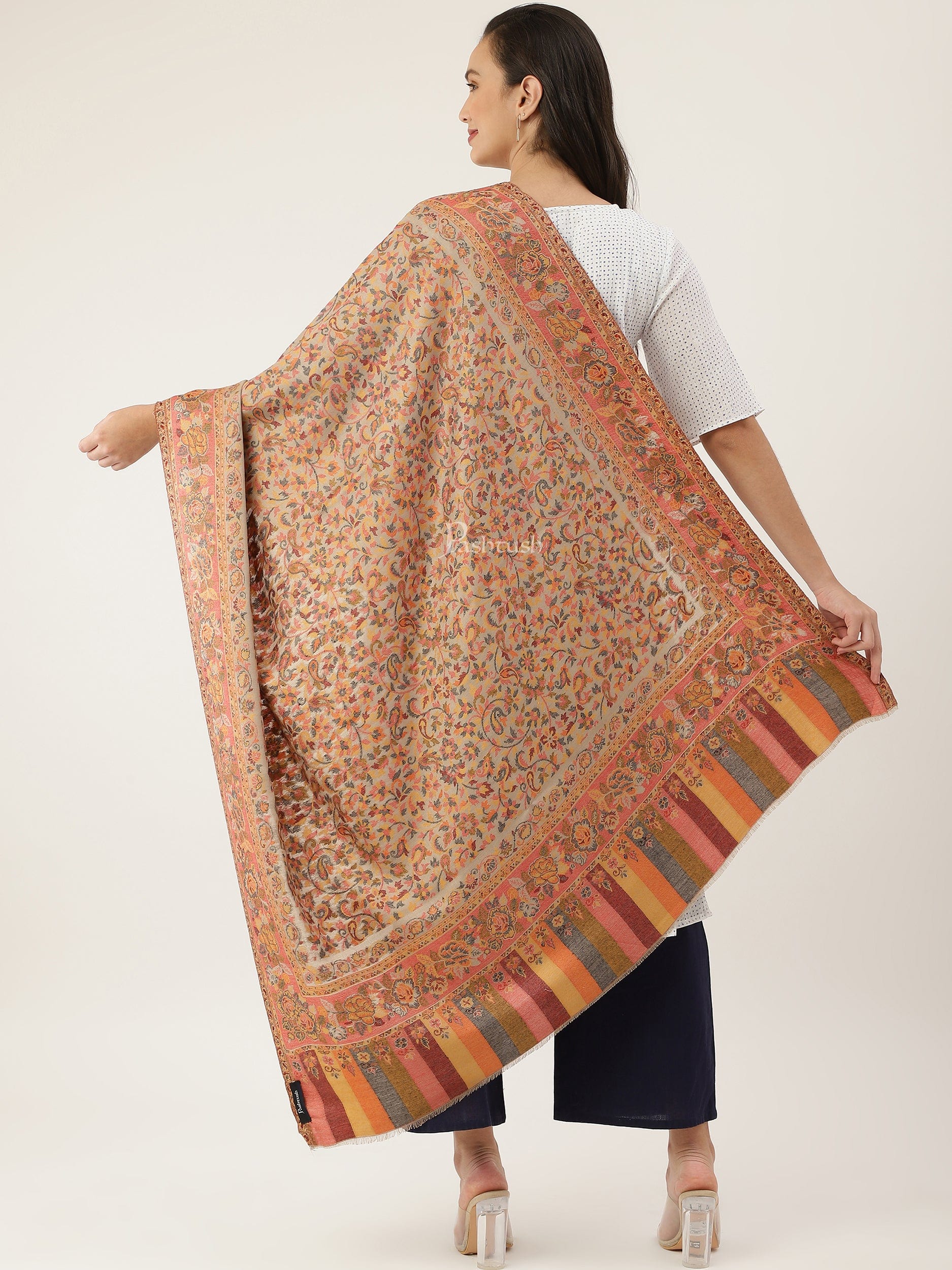 Pashtush womens bamboo shawl Woven Ethnic Design, Beige - Image 4