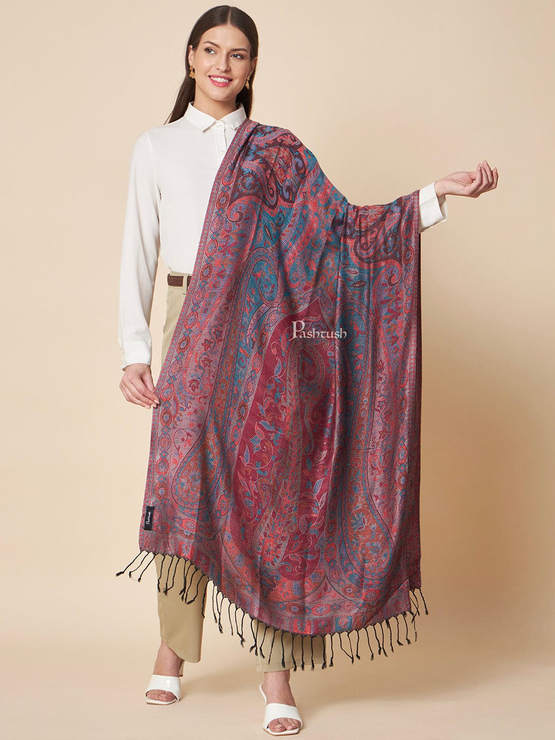Pashtush Womens Bamboo Stole, Extra Soft Jamawar Paisley Design, Multicolour - Image 5