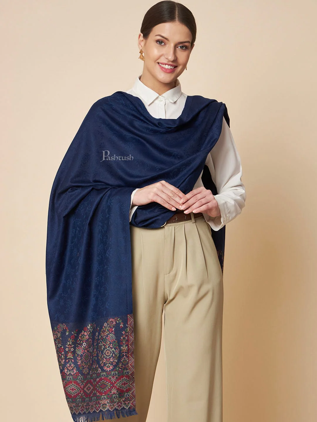 Pashtush Womens Bamboo Stole, Paisley Palla Design, Deep Blue - Image 4