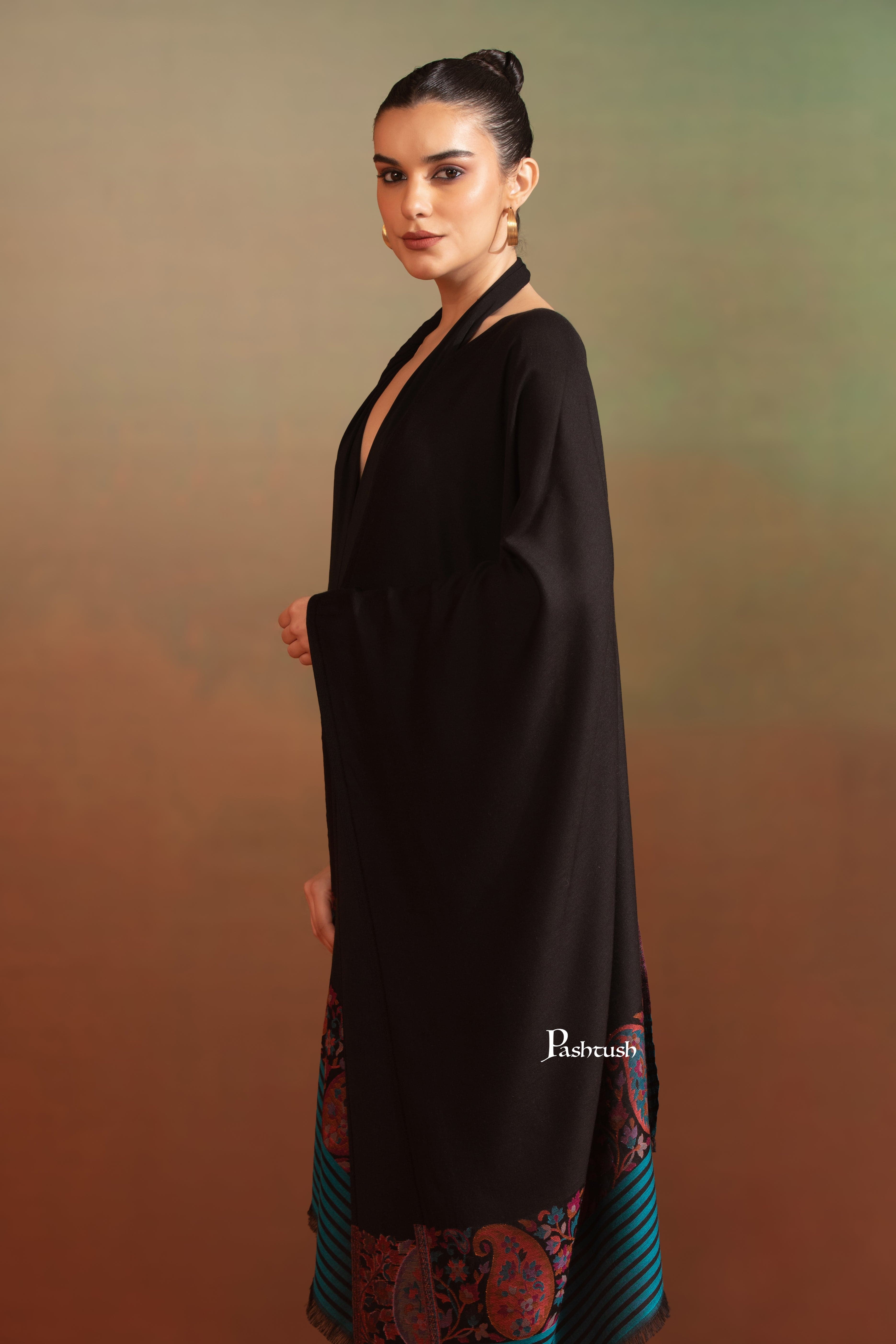 Pashtush Womens Bamboo Stole, Paisley Palla, Woven Design, Black And Blue - Image 5