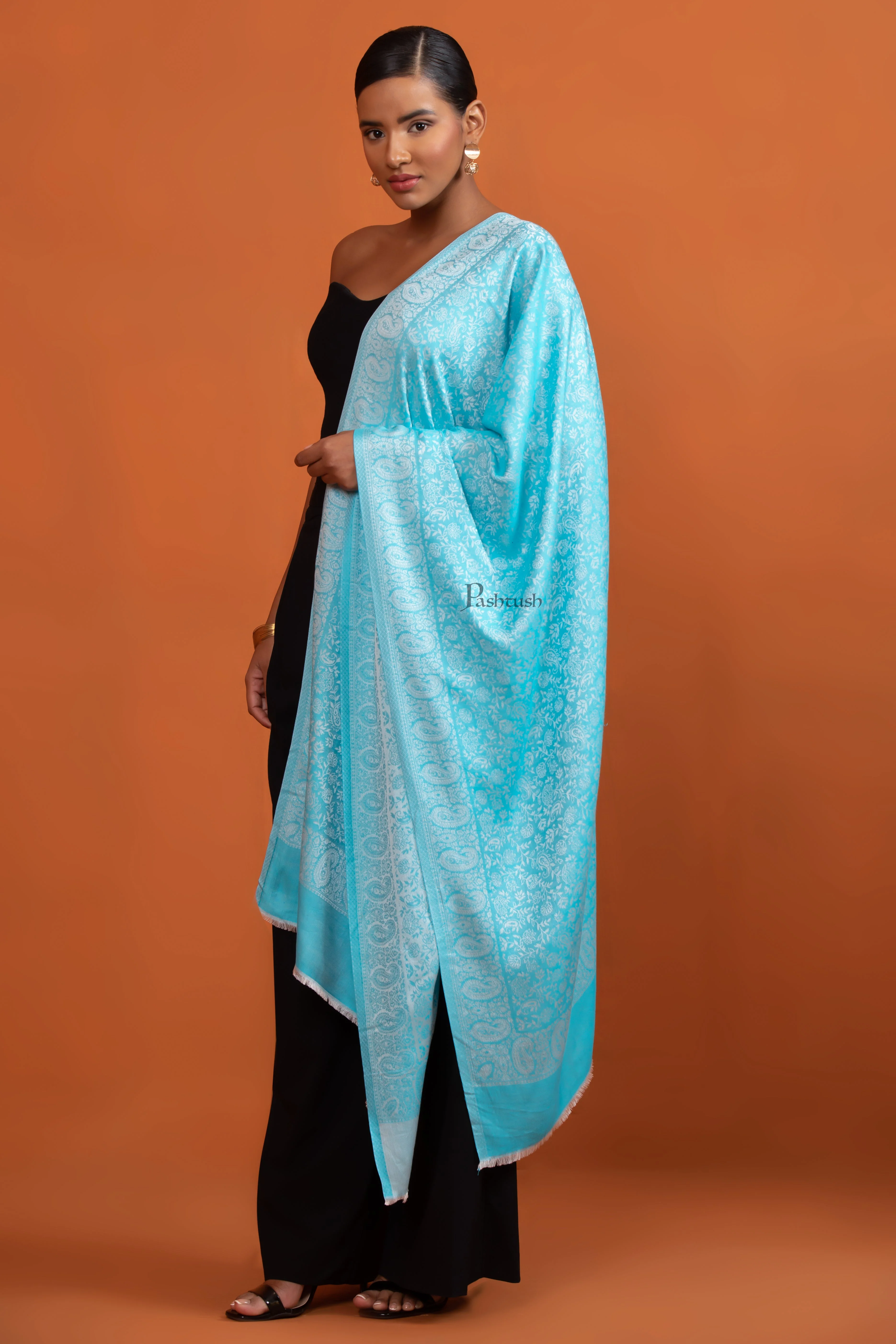 Pashtush Womens Bamboo Stole, Pasiley Weave Design, Arabic Sea Green - Image 4
