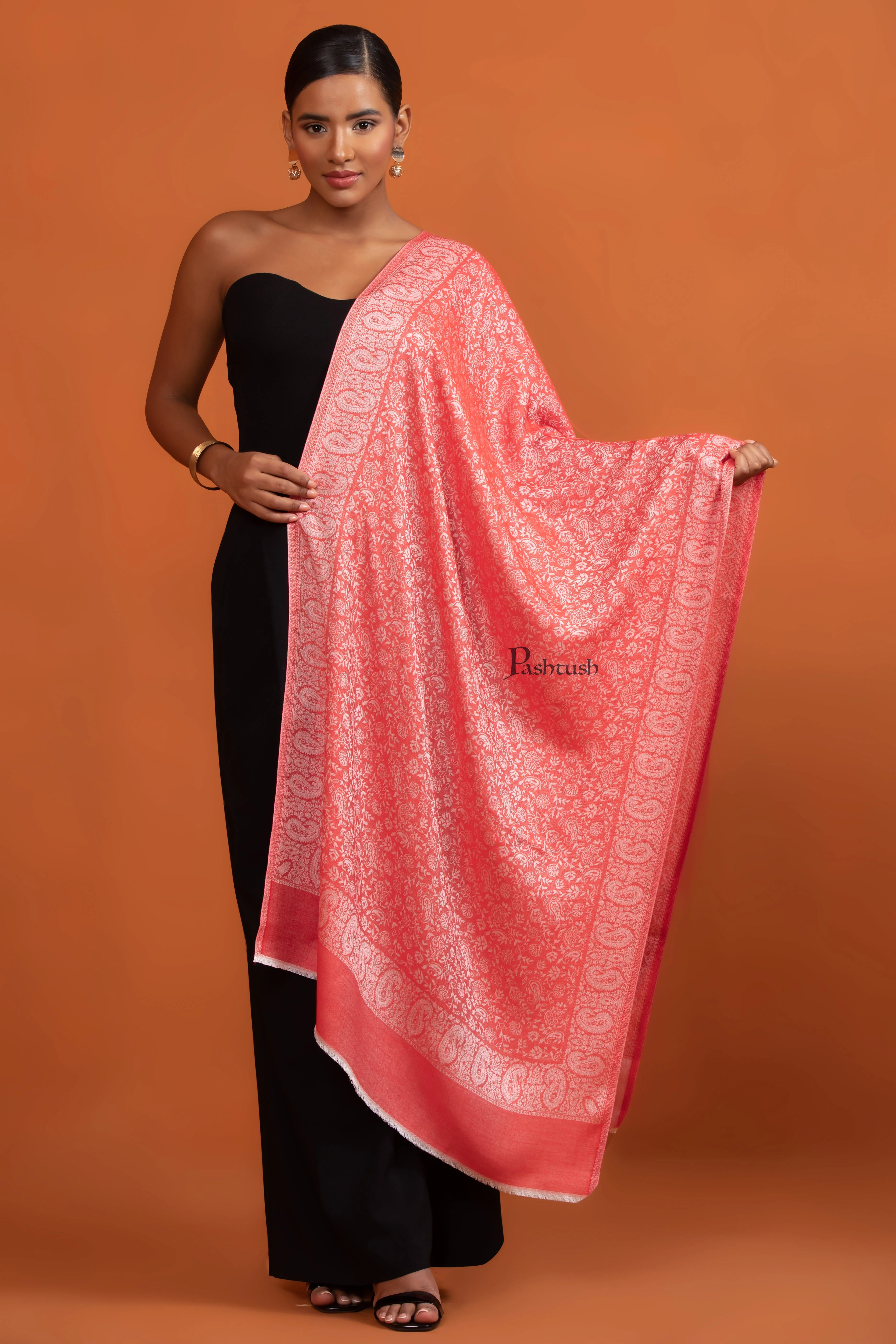 Pashtush Womens Bamboo Stole, Pasiley Weave Design, Red - Image 3