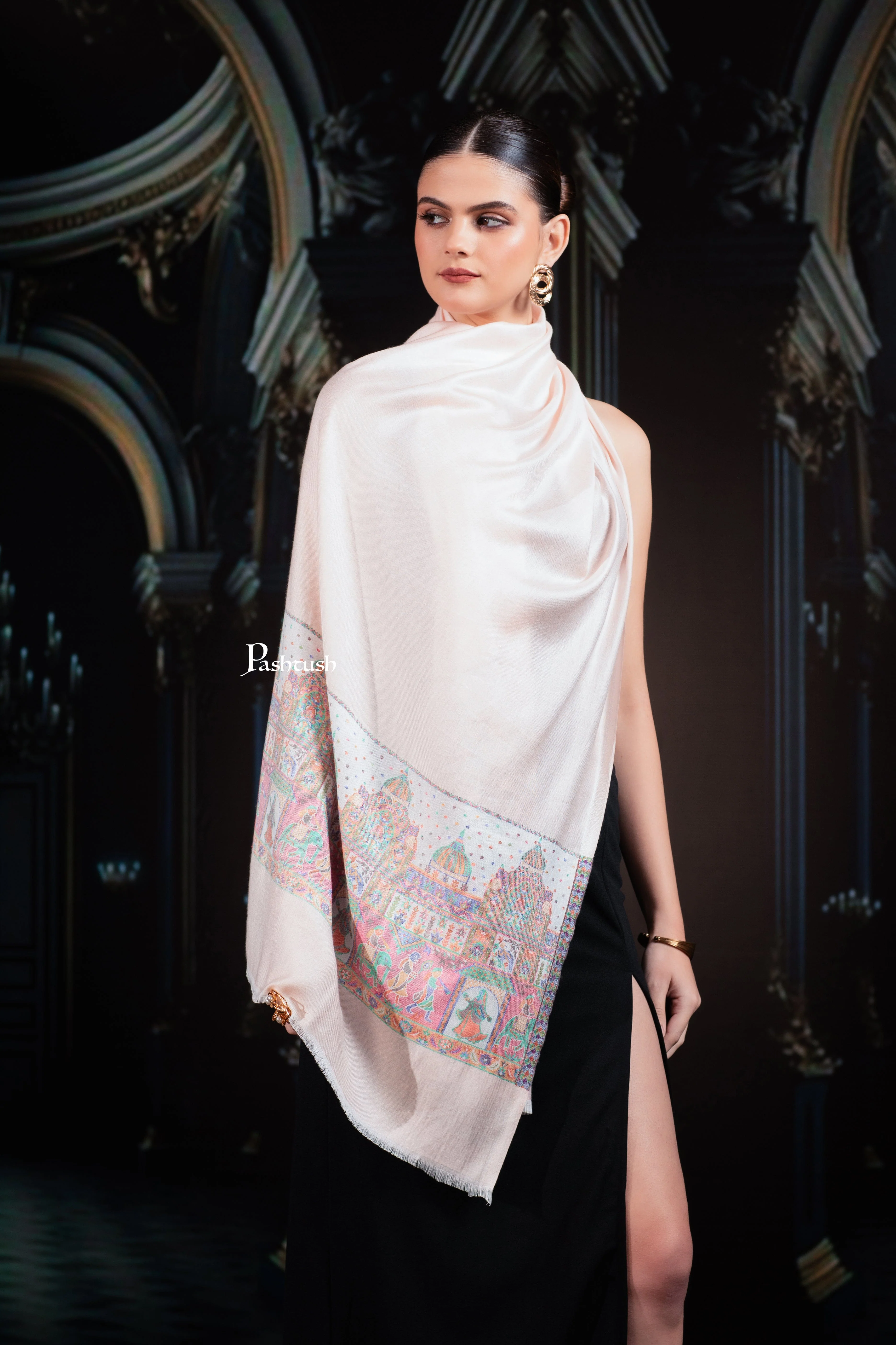 Pashtush Womens Bamboo Stole, Royal Darbar Palla Design, Peach - Image 4