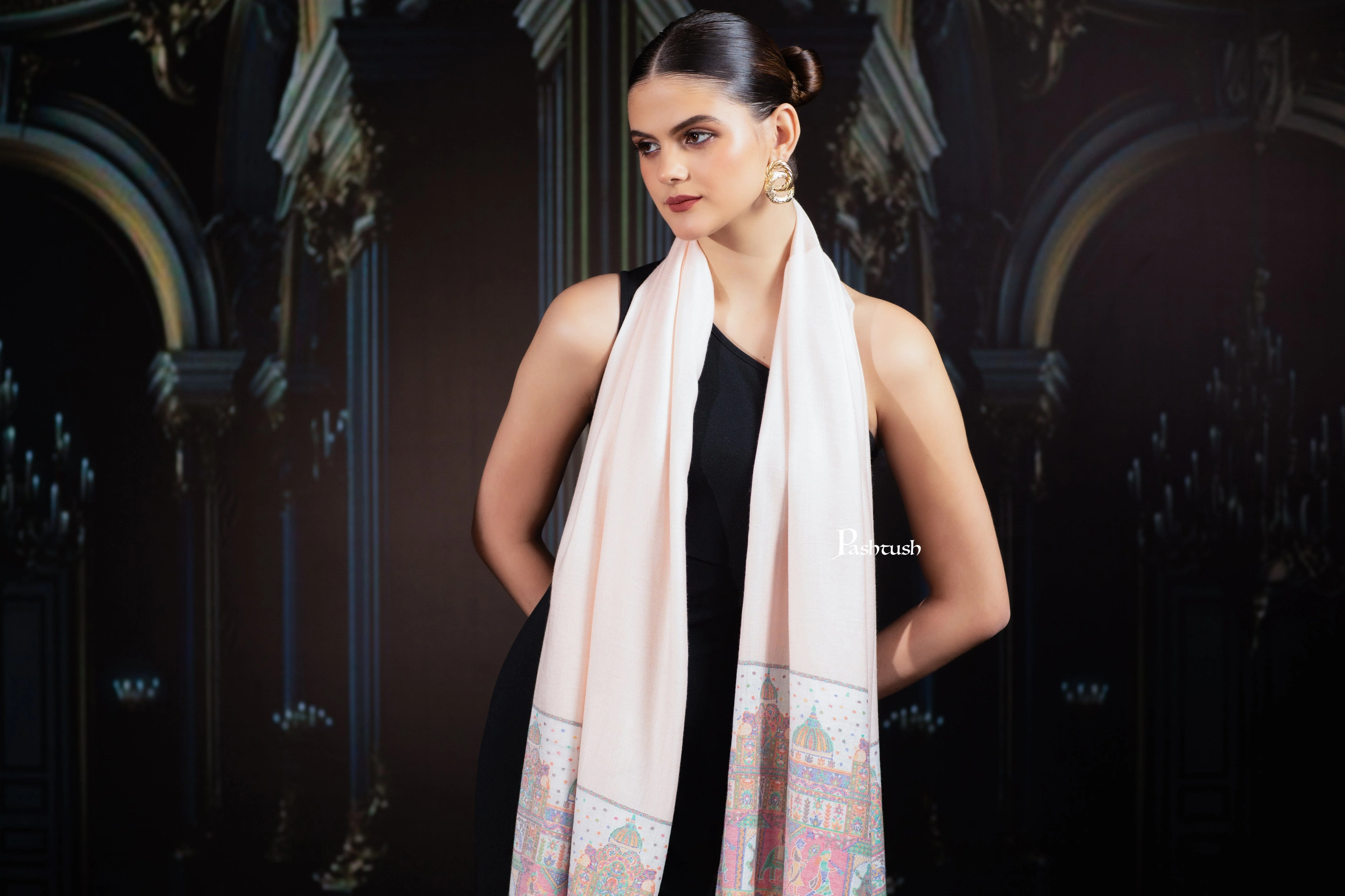 Pashtush Womens Bamboo Stole, Royal Darbar Palla Design, Peach - Image 6