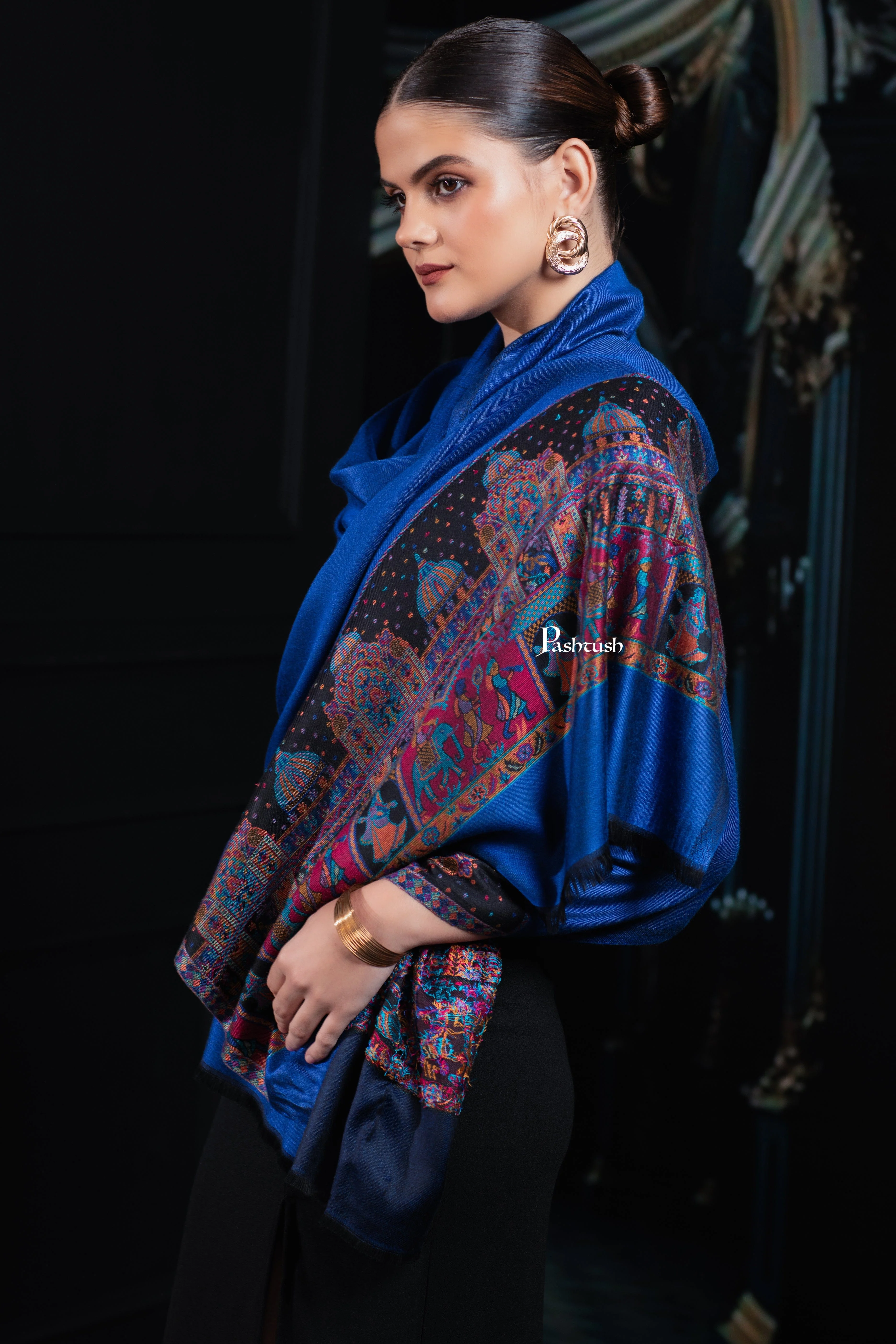 Pashtush Womens Bamboo Stole, Royal Darbar Palla, Lapiz Blue - Image 4