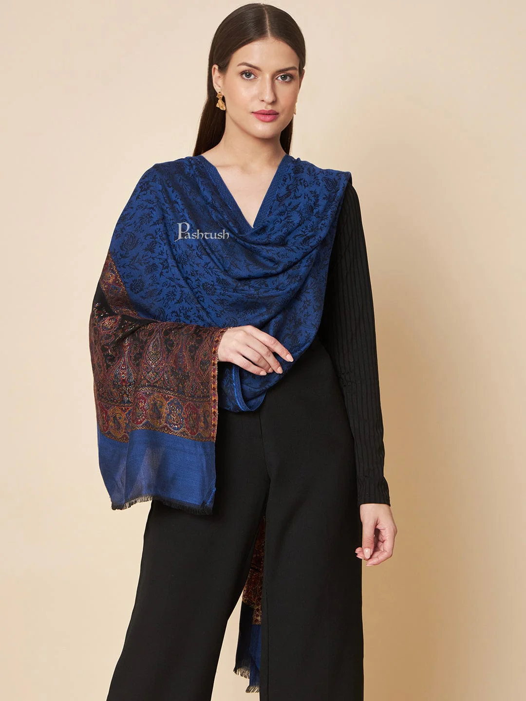 Pashtush Womens Bamboo Stole, Zari Design, Black And Mustard - Image 3