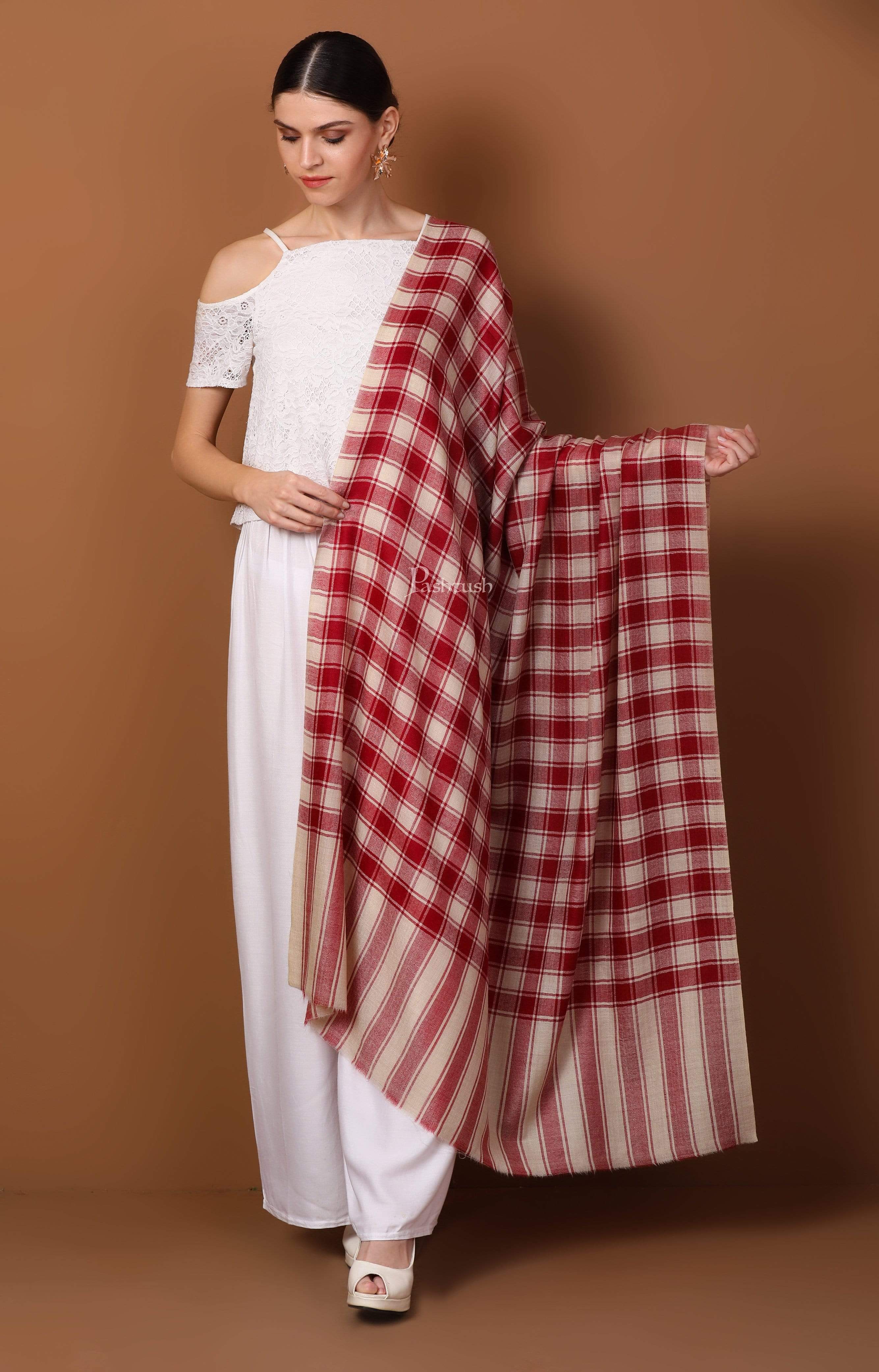 Pashtush Womens Check Shawl, Ultra Soft And Warm, Fine Wool,Red - Image 3