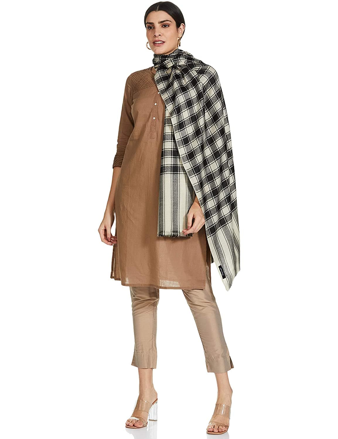 Pashtush Womens Check Shawl, Ultra Soft And Warm, Fine Wool, Beige And Black - Image 11
